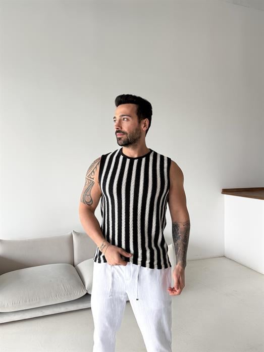 Siyah Şeritli Örgü Pamuk Sıfır Kol Atlet LNS 42013