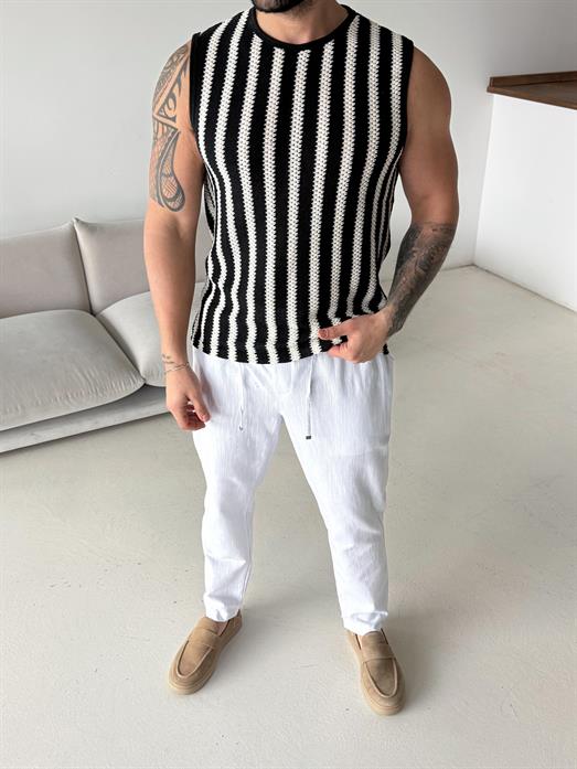 Siyah Şeritli Örgü Pamuk Sıfır Kol Atlet LNS 42013