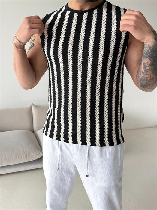 Siyah Şeritli Örgü Pamuk Sıfır Kol Atlet LNS 42013