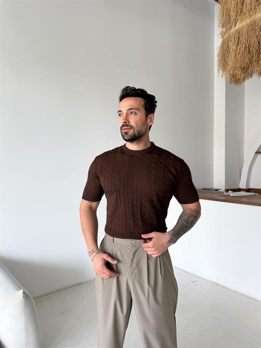 Kahve Saç Örgü Bisiklet Yaka Triko TK