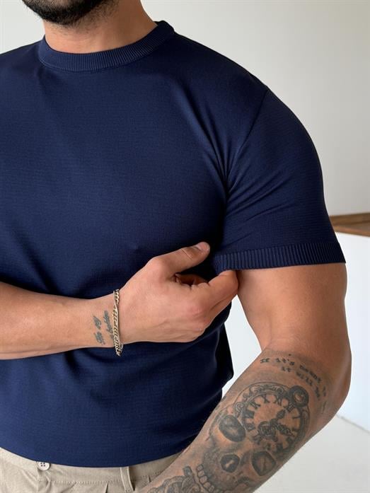 Lacivert Düz Detaysız Triko Tişört TK