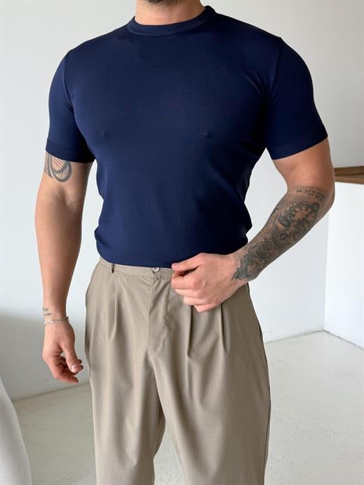 Lacivert Düz Detaysız Triko Tişört TK