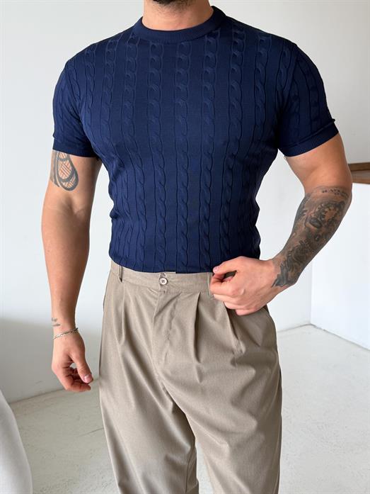 Lacivert Saç Örgü Bisiklet Yaka Triko TK