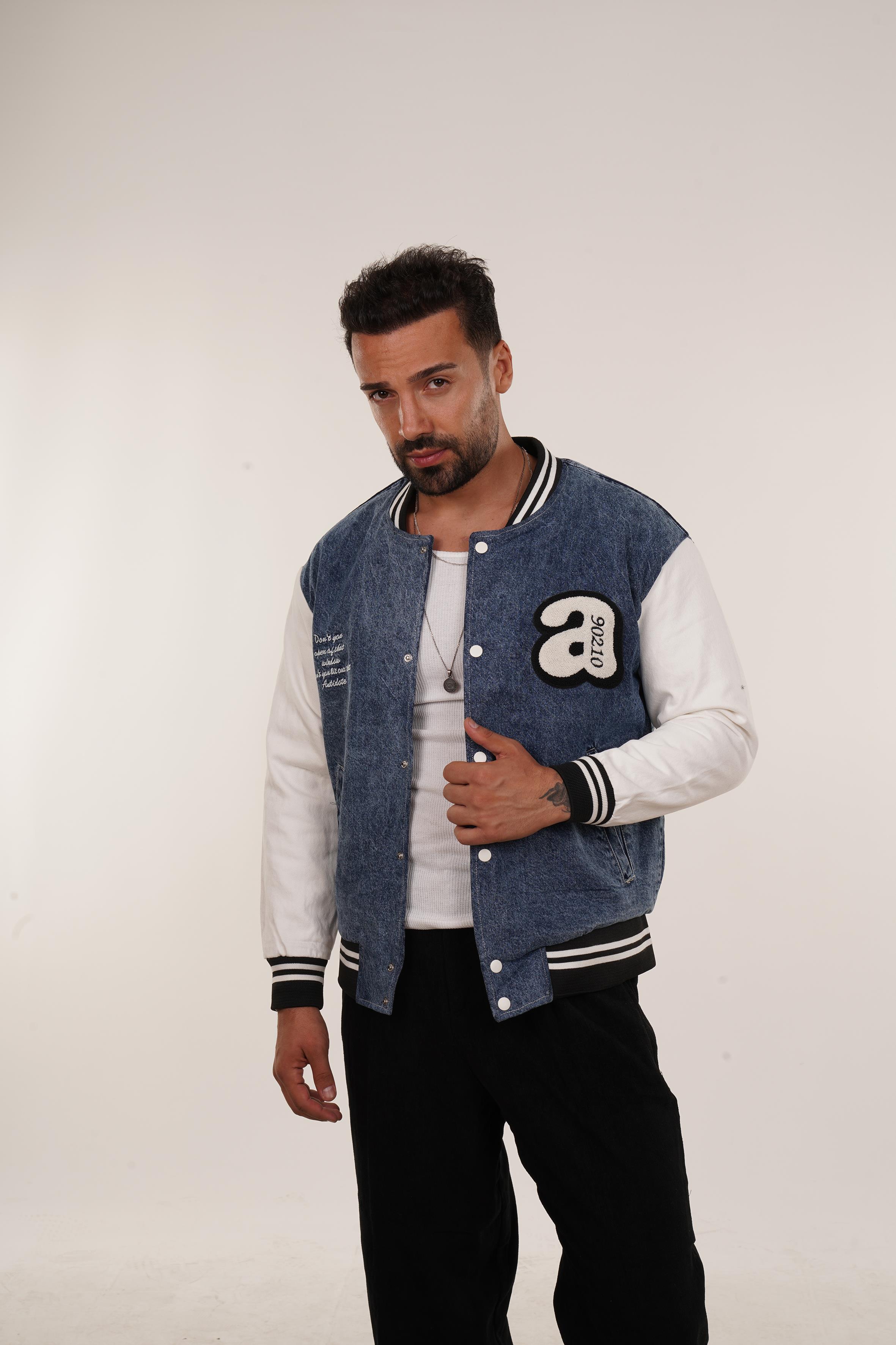CEKETMavi Kot Kolları Deri Kolej Ceket PNC 5024