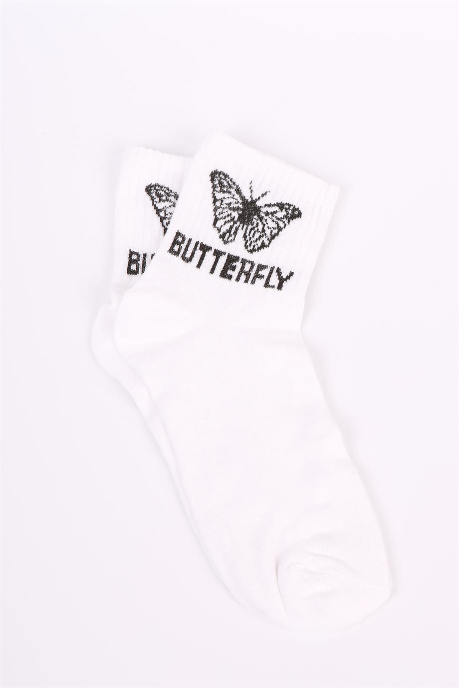 Beyaz Butturfly Baskılı Uzun Çorap
