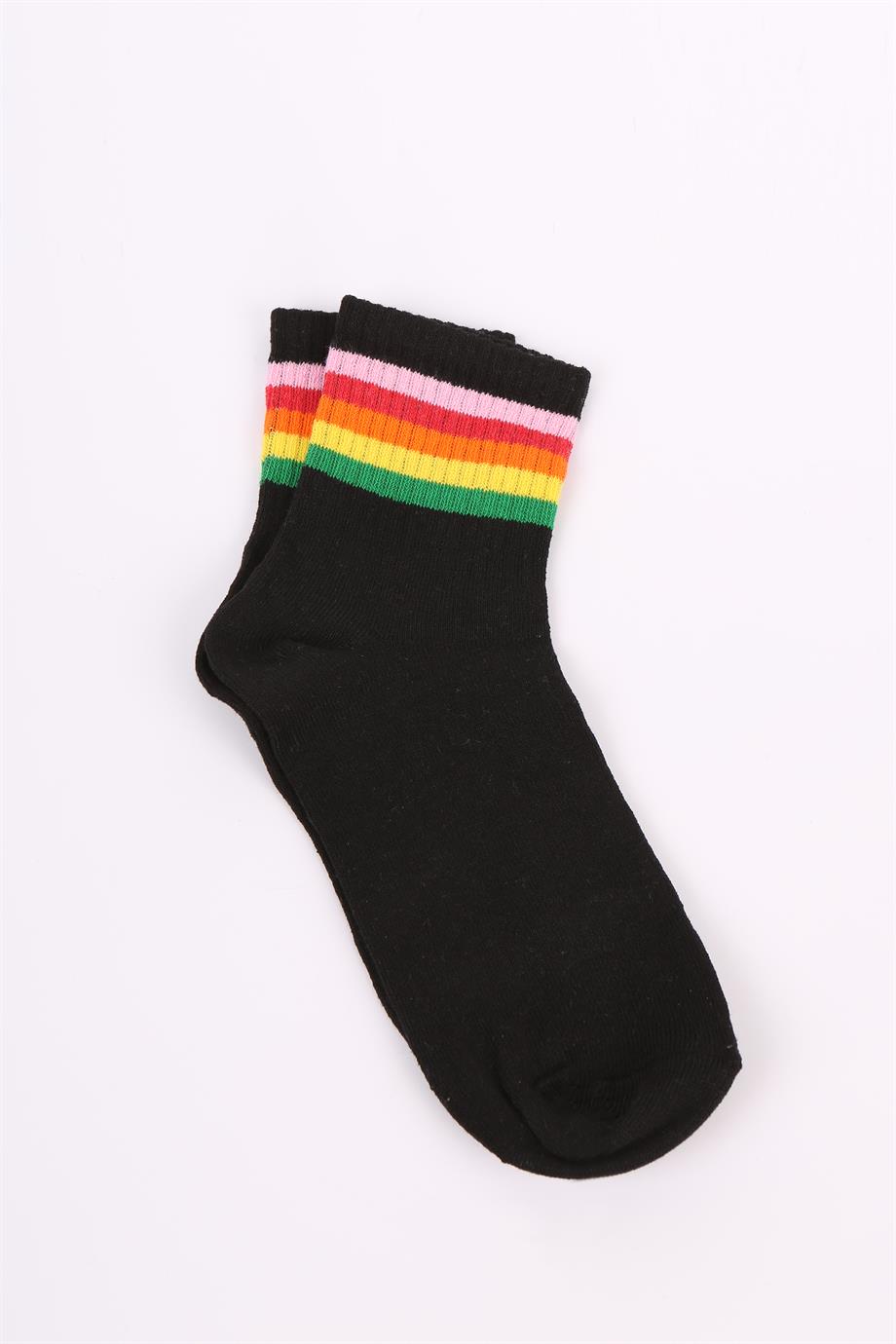 Siyah 3 Renkli Şeritli Uzun Çorap