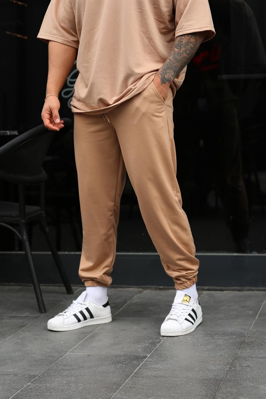 Krem 2 İplik Oversize Kelepçe Paça Eşofman SC