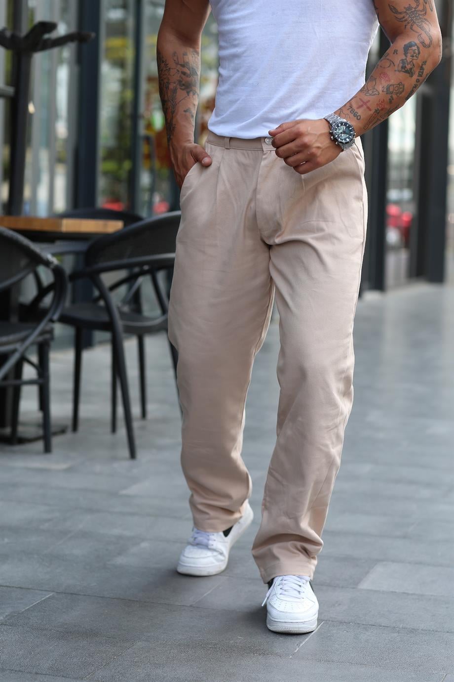 EŞOFMAN ALTIBej Gabardin Belden Kemerli Baggy Kalıp Pantolon VS 30059