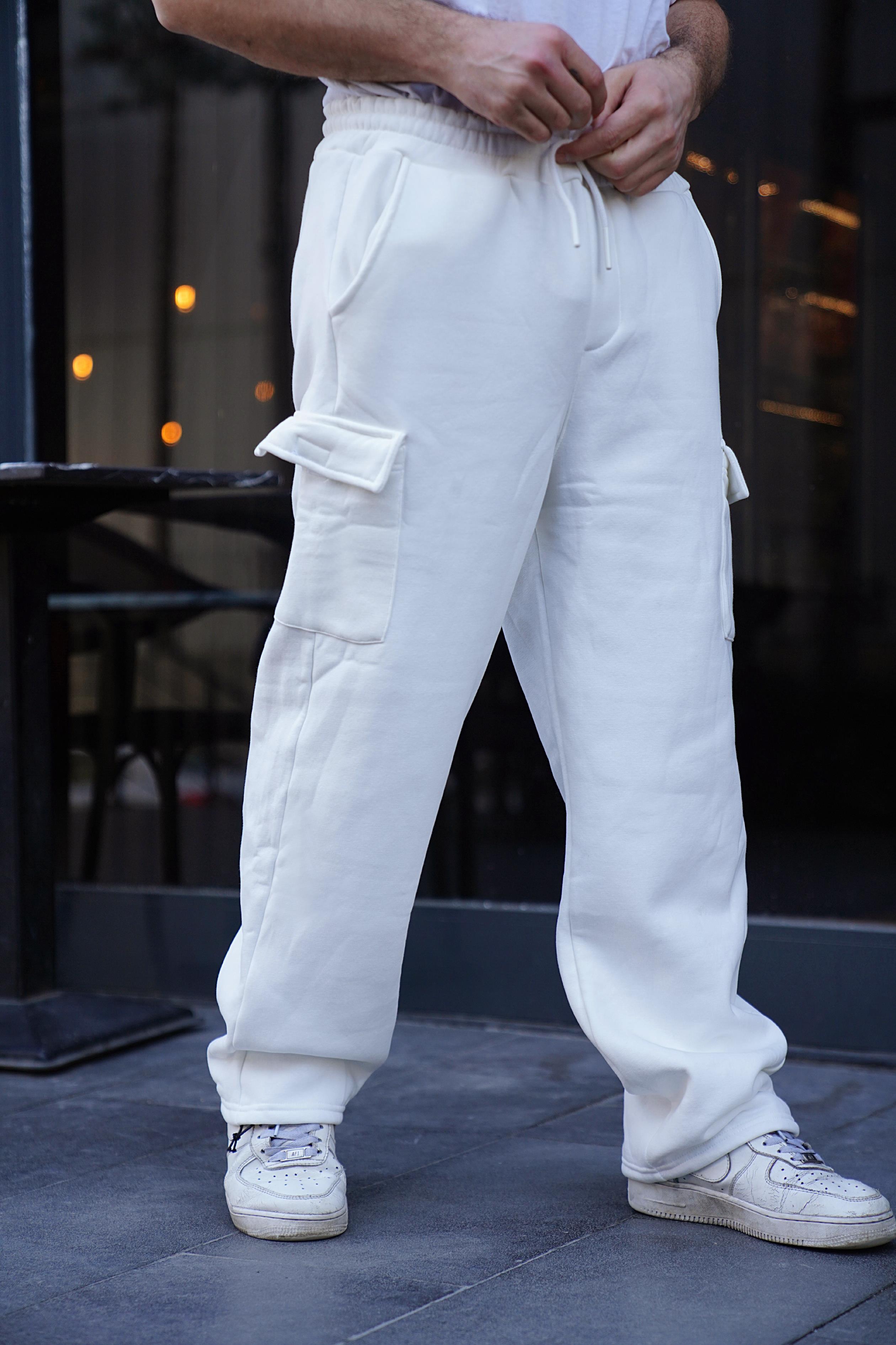 EŞOFMAN ALTIBeyaz 3 İplik Yüksek Kalite Oversize Kelepçe Paça Kargo Jogger
