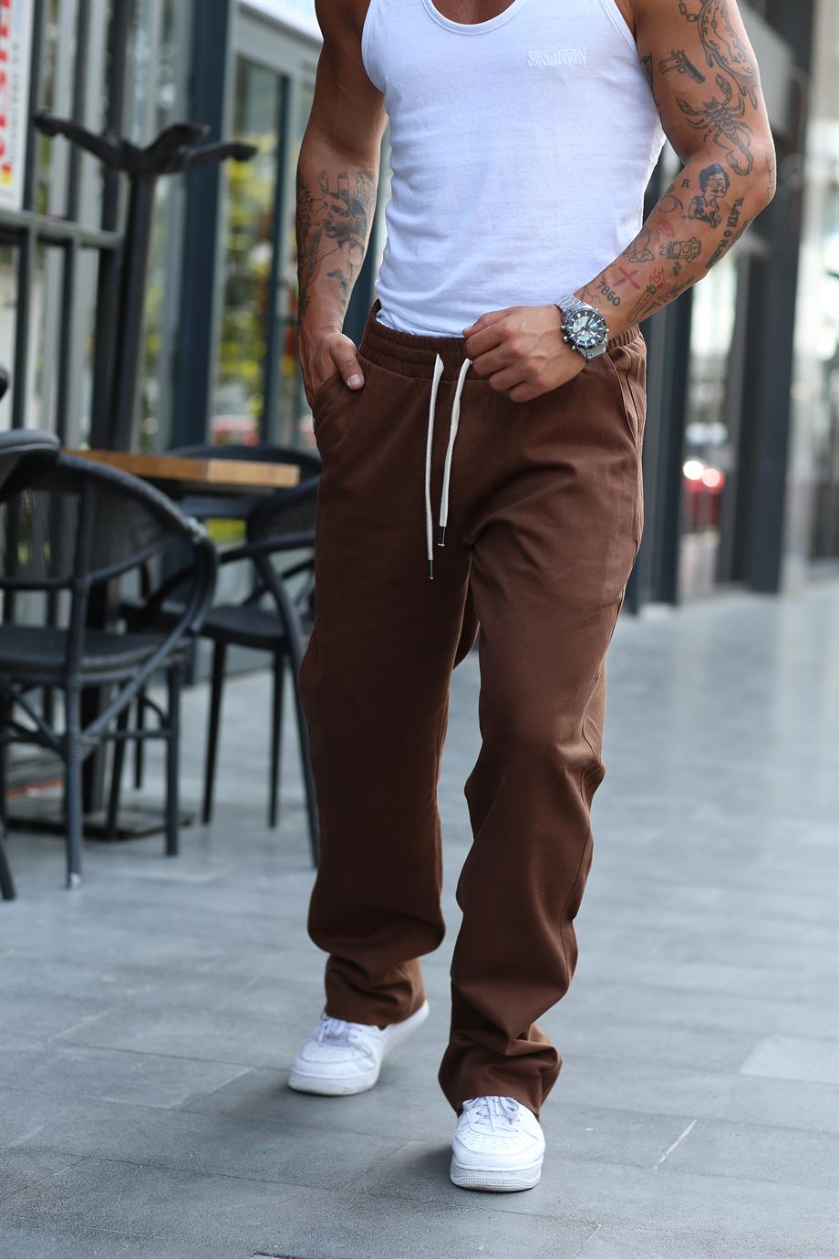 EŞOFMAN ALTIkahve Lastikli Kesik Paça baggy Gabardin Pantolon VS 30058