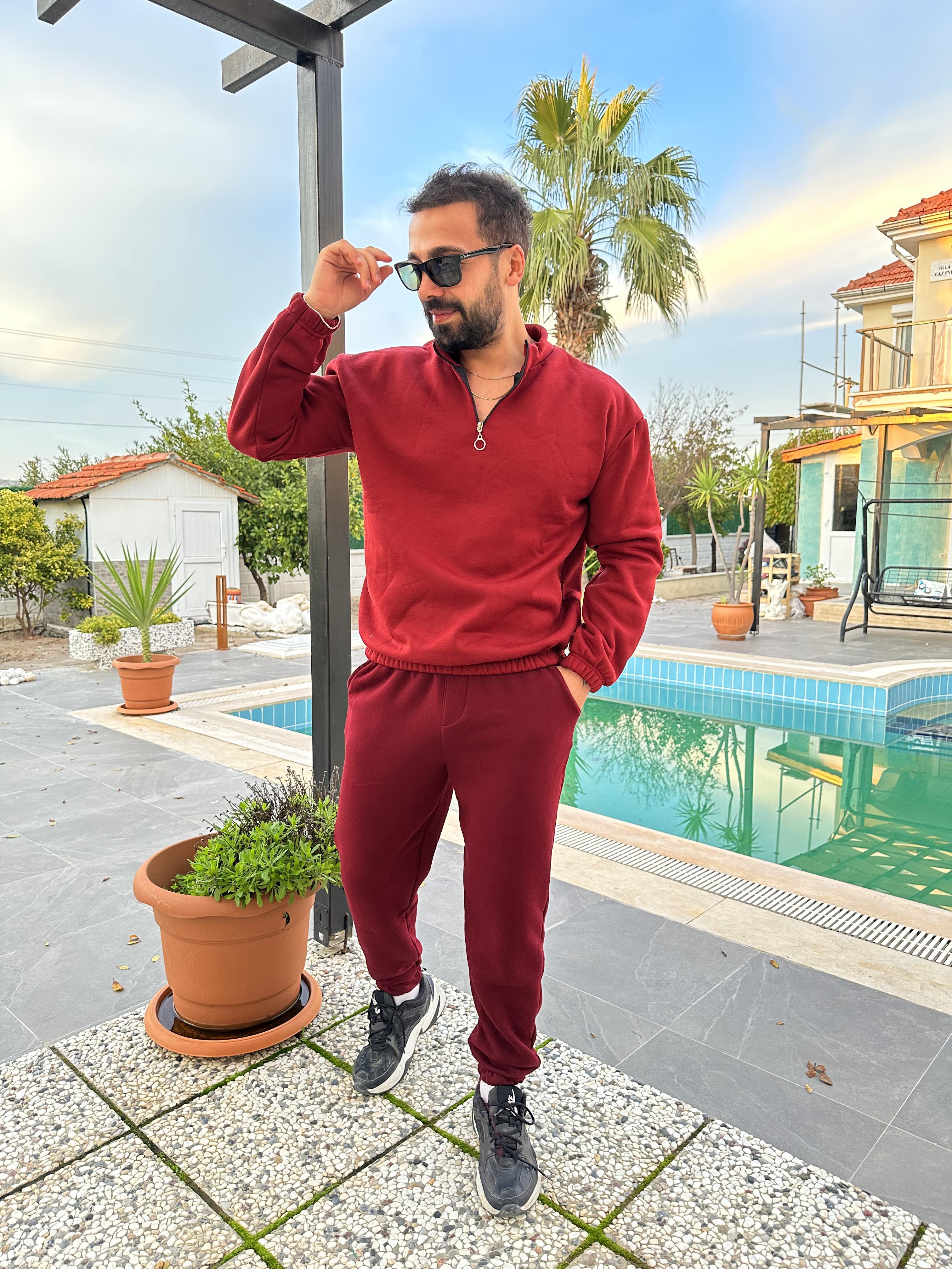 EŞOFMAN TAKIMIBordo 3 İplik Yarım Fermuarlı Şardonlu Alt Üst Eşofman Takımı