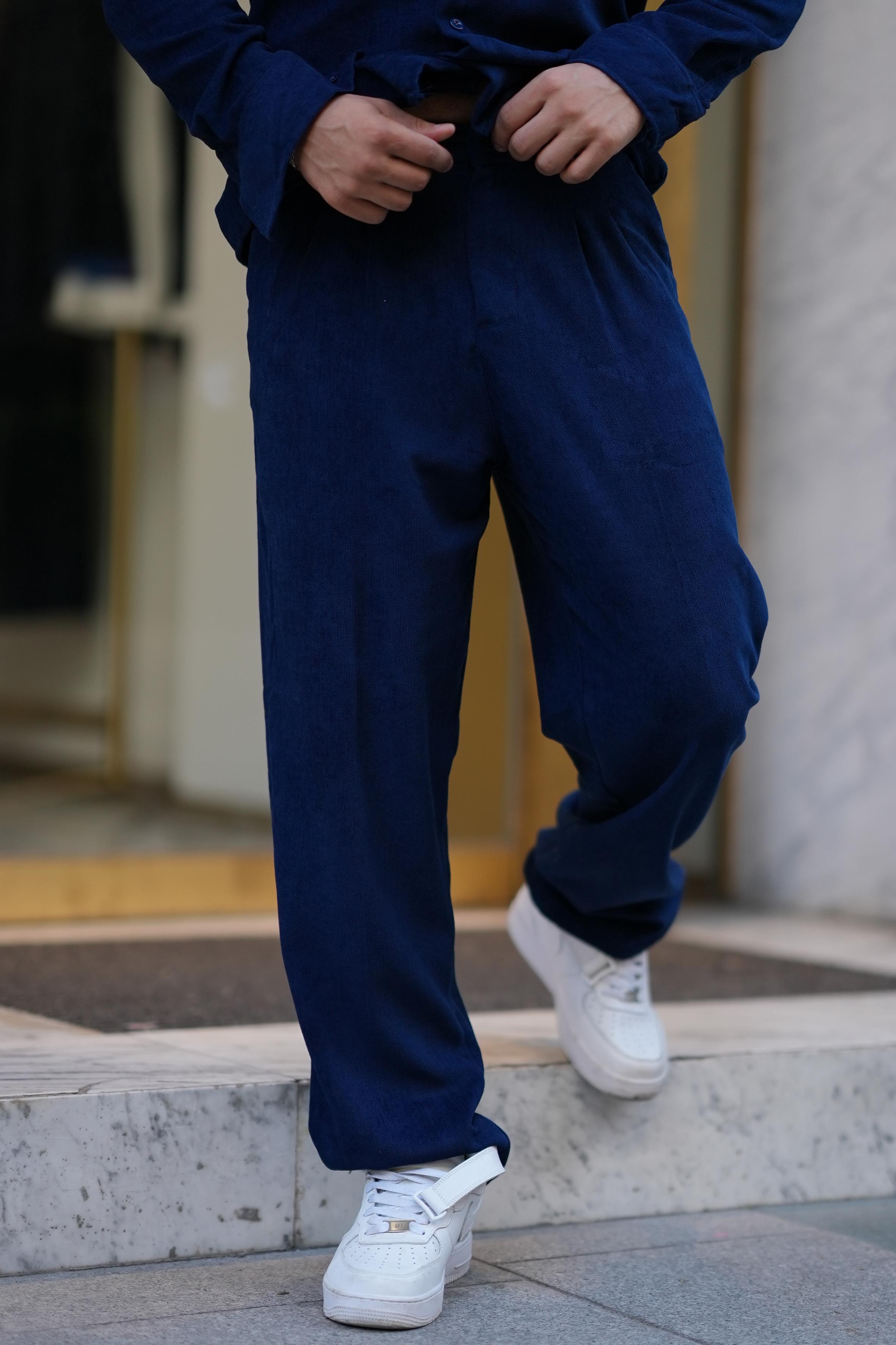 EşofmanLacivert Kemerli Kadife Baggy Pantalon SNZ M8392