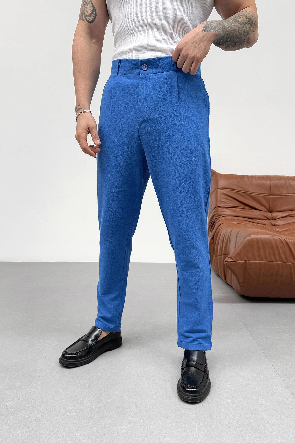 EşofmanSaksmavi Flamlı Keten Pantolon PNC 4045