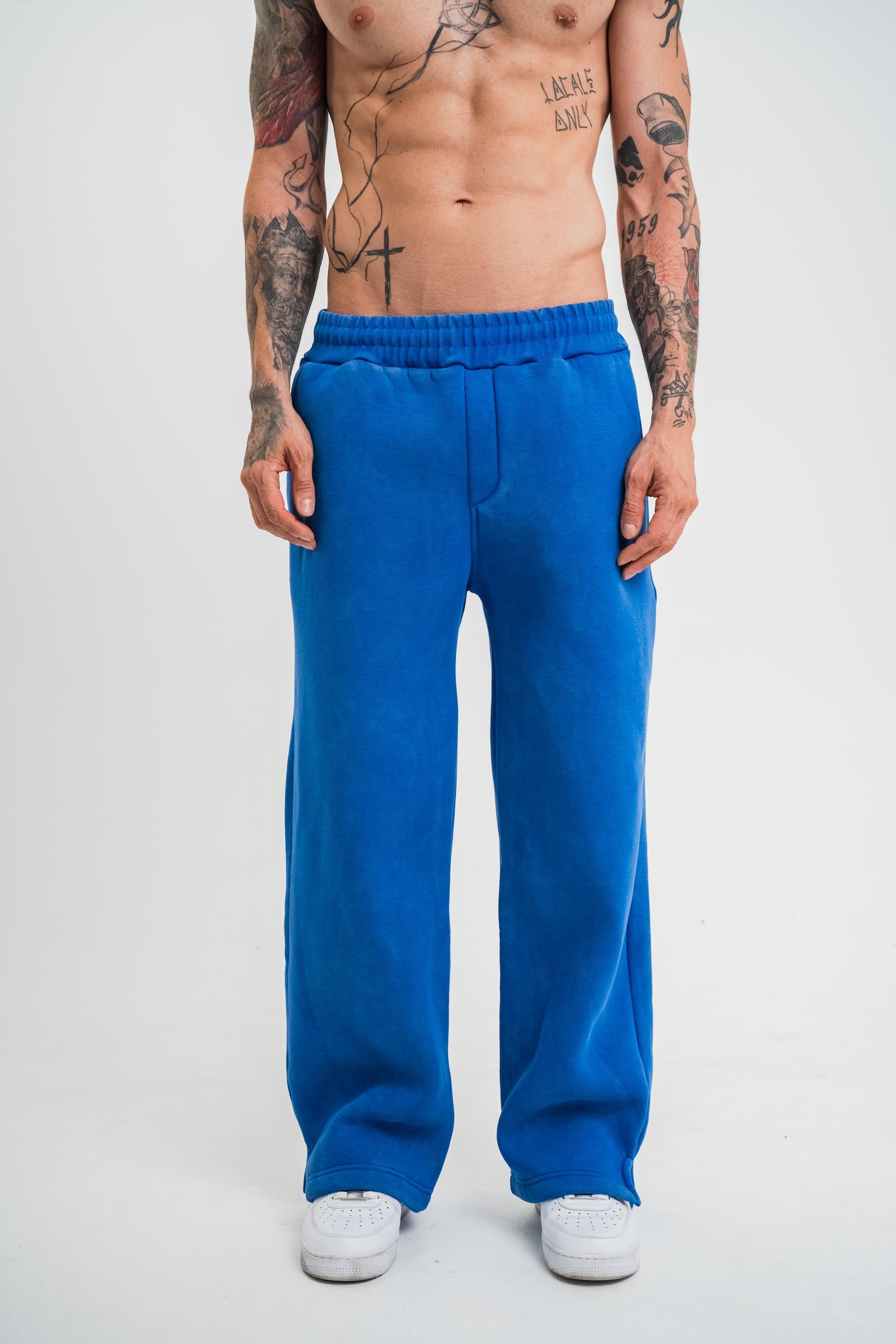 EşofmanSaksmavi Yıkamalı Düz Baggy Eşofman PLZ