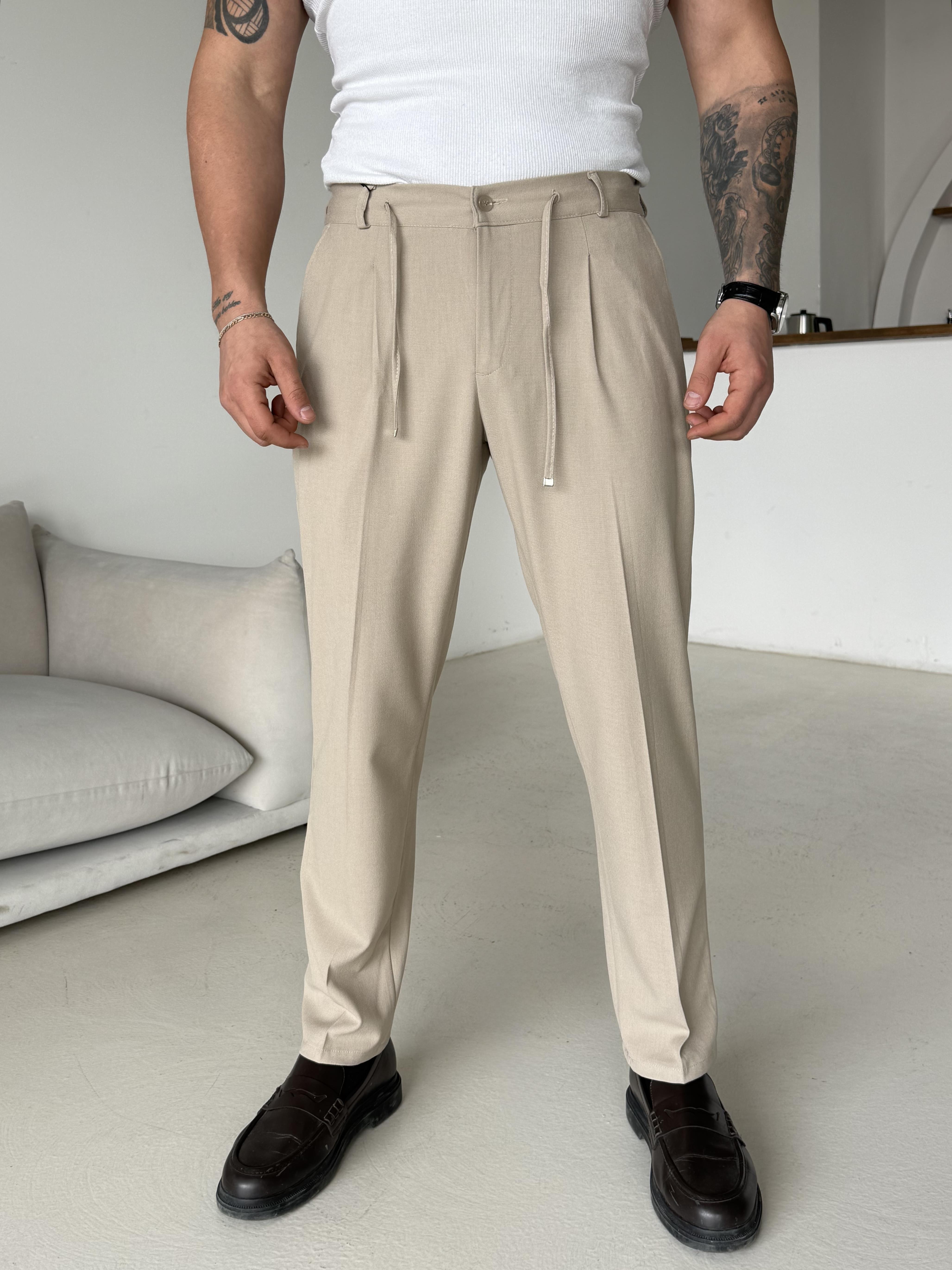 GabardinBej Pileli Lastikli Bağcıklı Regular Kumaş Pantalon SC