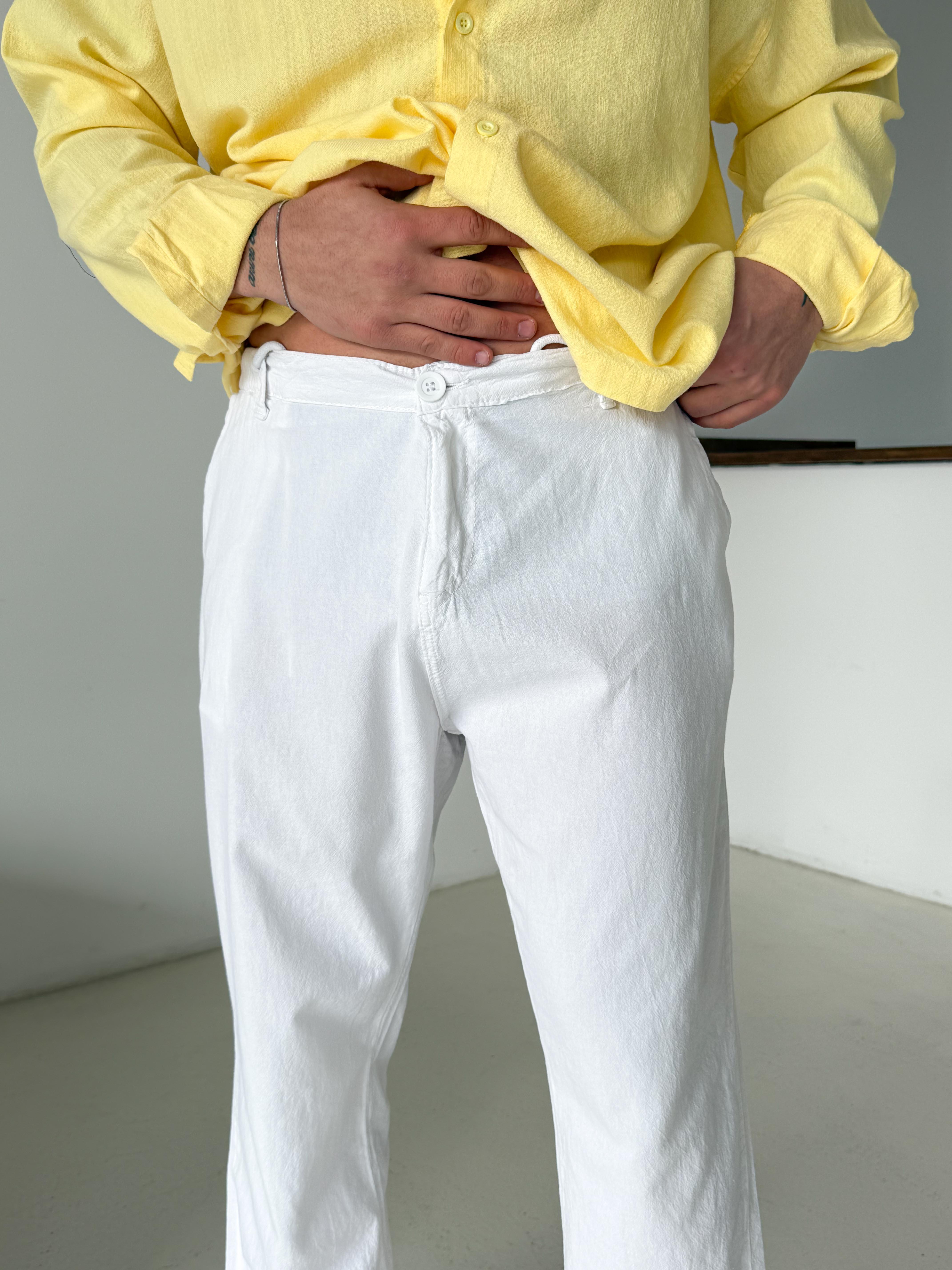 GabardinBeyaz Düğmeli Ham Keten Pantalon TK