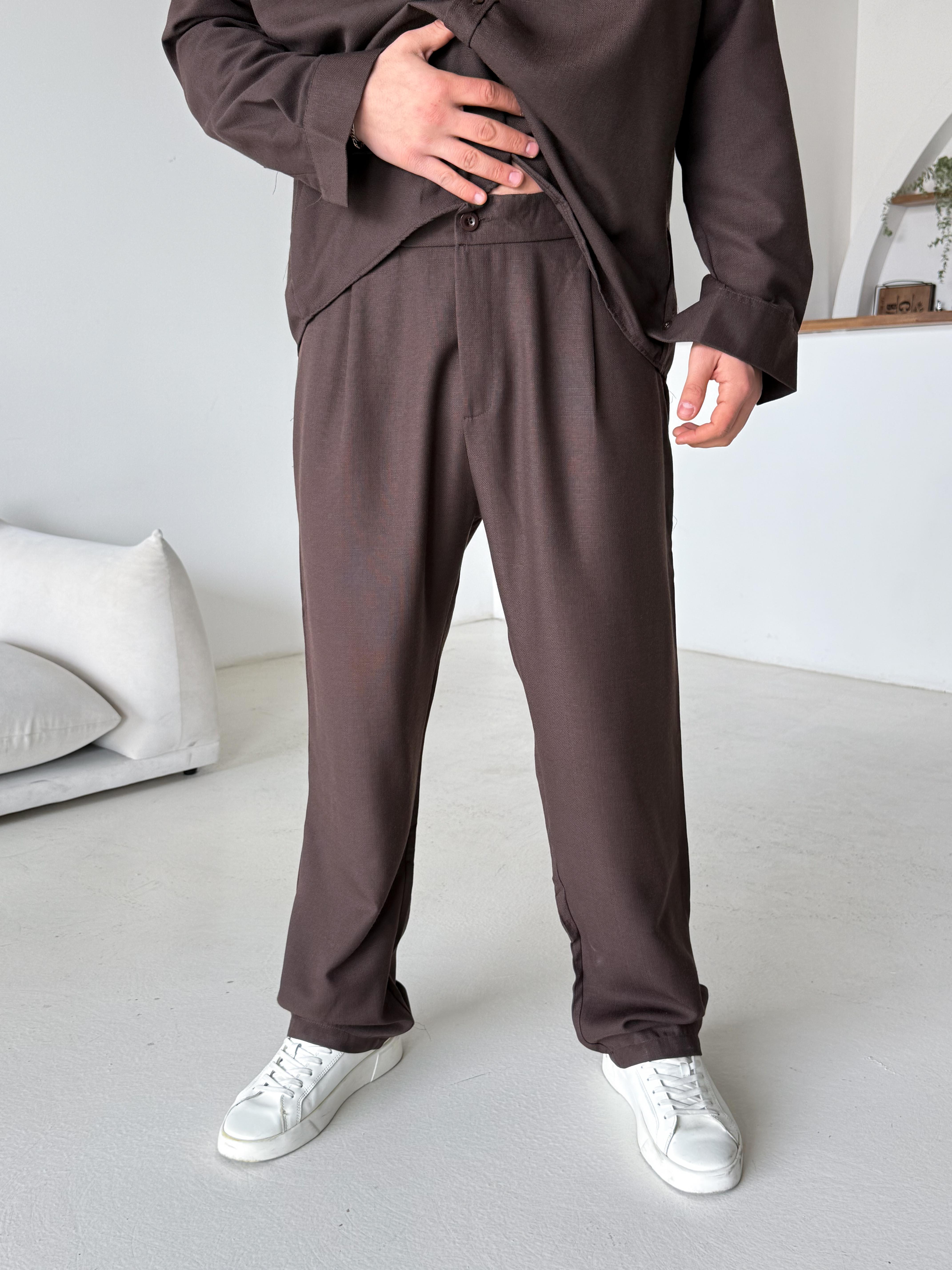 GabardinKahve Dokuma Keten Baggy Pantalon PLZ