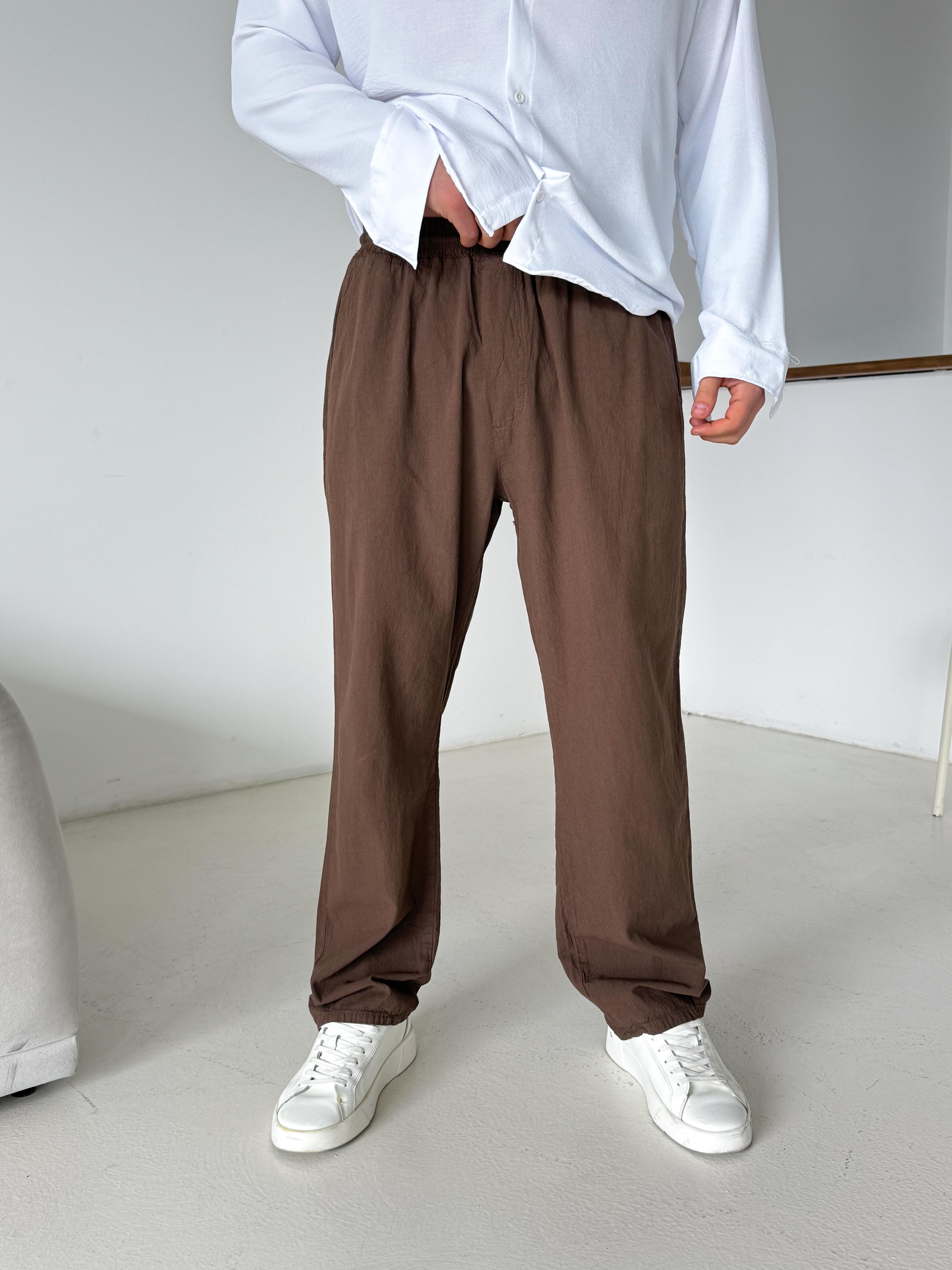 GabardinKahve Düğmeli Ham Keten Pantalon TK
