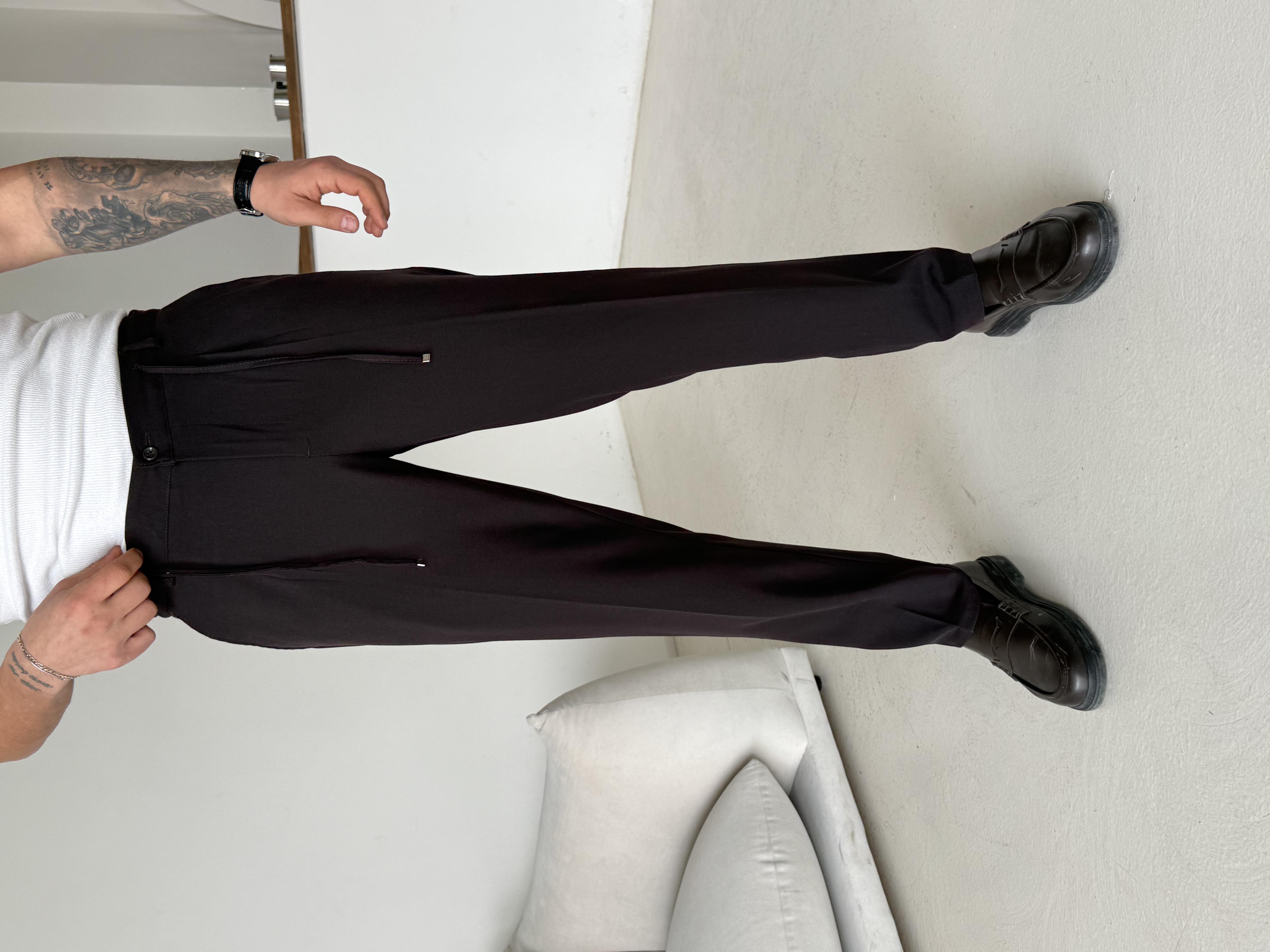 GabardinKahve Pileli Lastikli Bağcıklı Regular Kumaş Pantalon SC