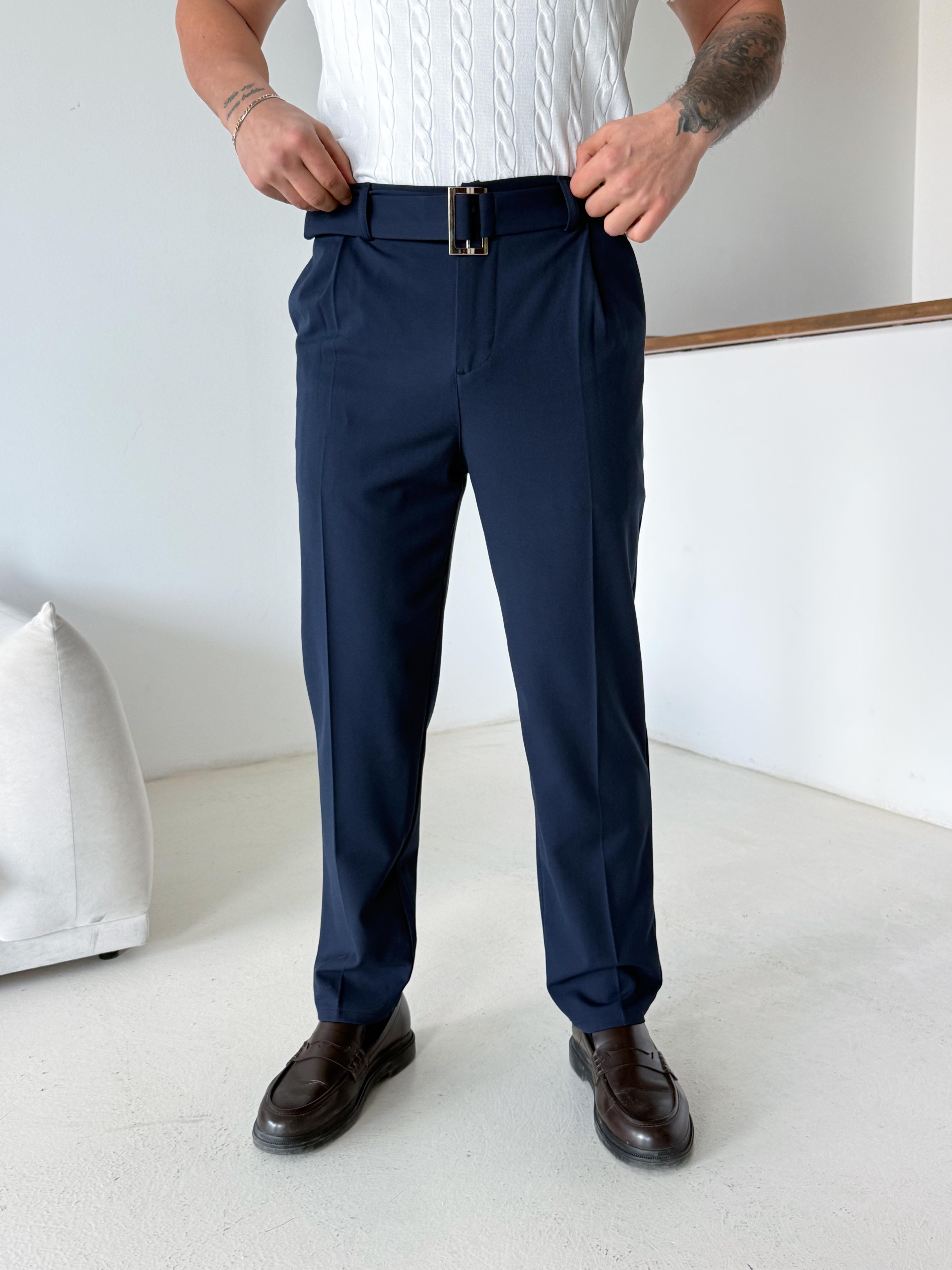 GabardinLacivert Kendi Kemerli Regular Fit Bezayağı Kumaş Pant N1344