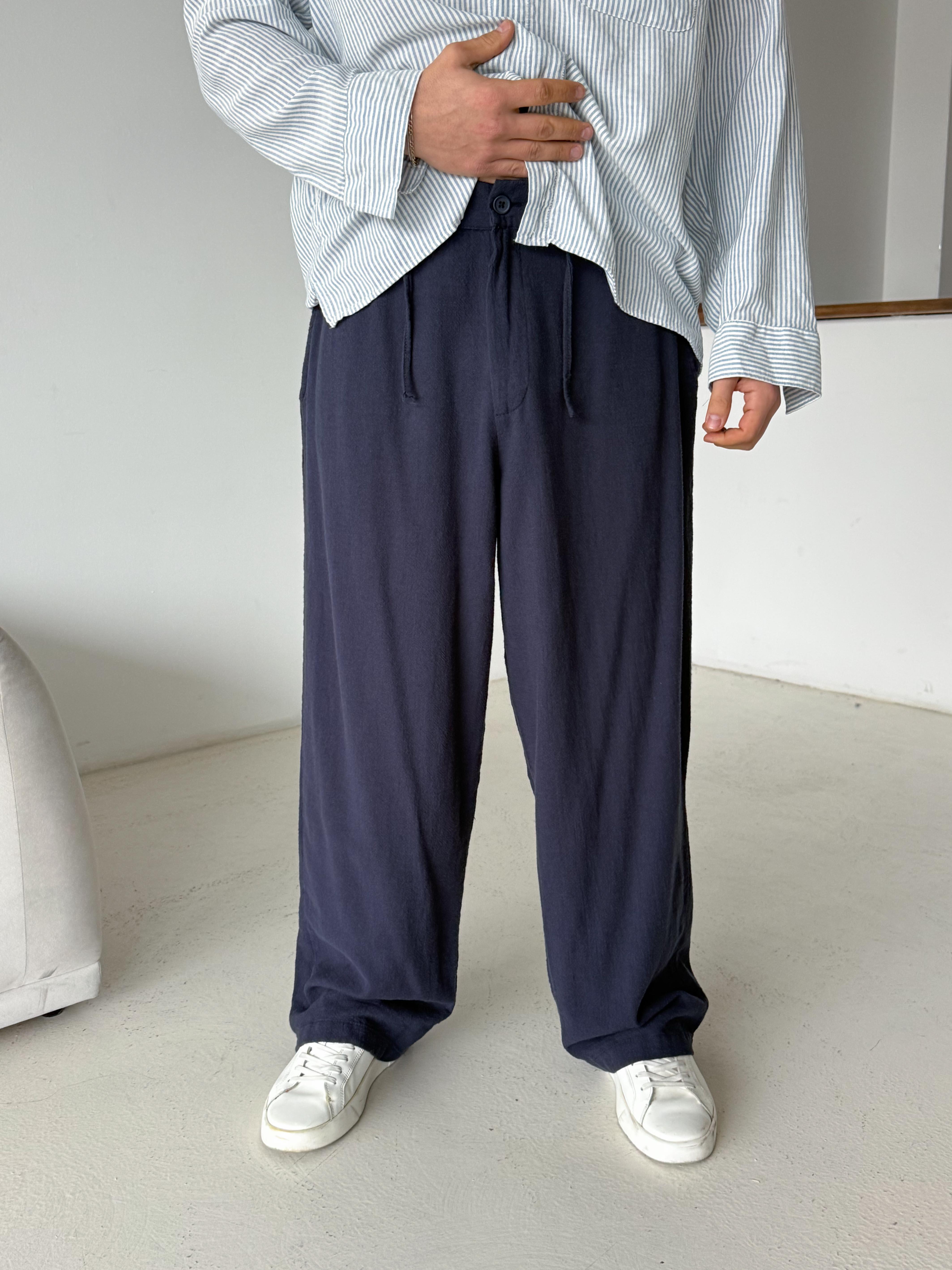 GabardinLacivert Keten Baggy Yarı Lastikli Pantalon PNC 4060