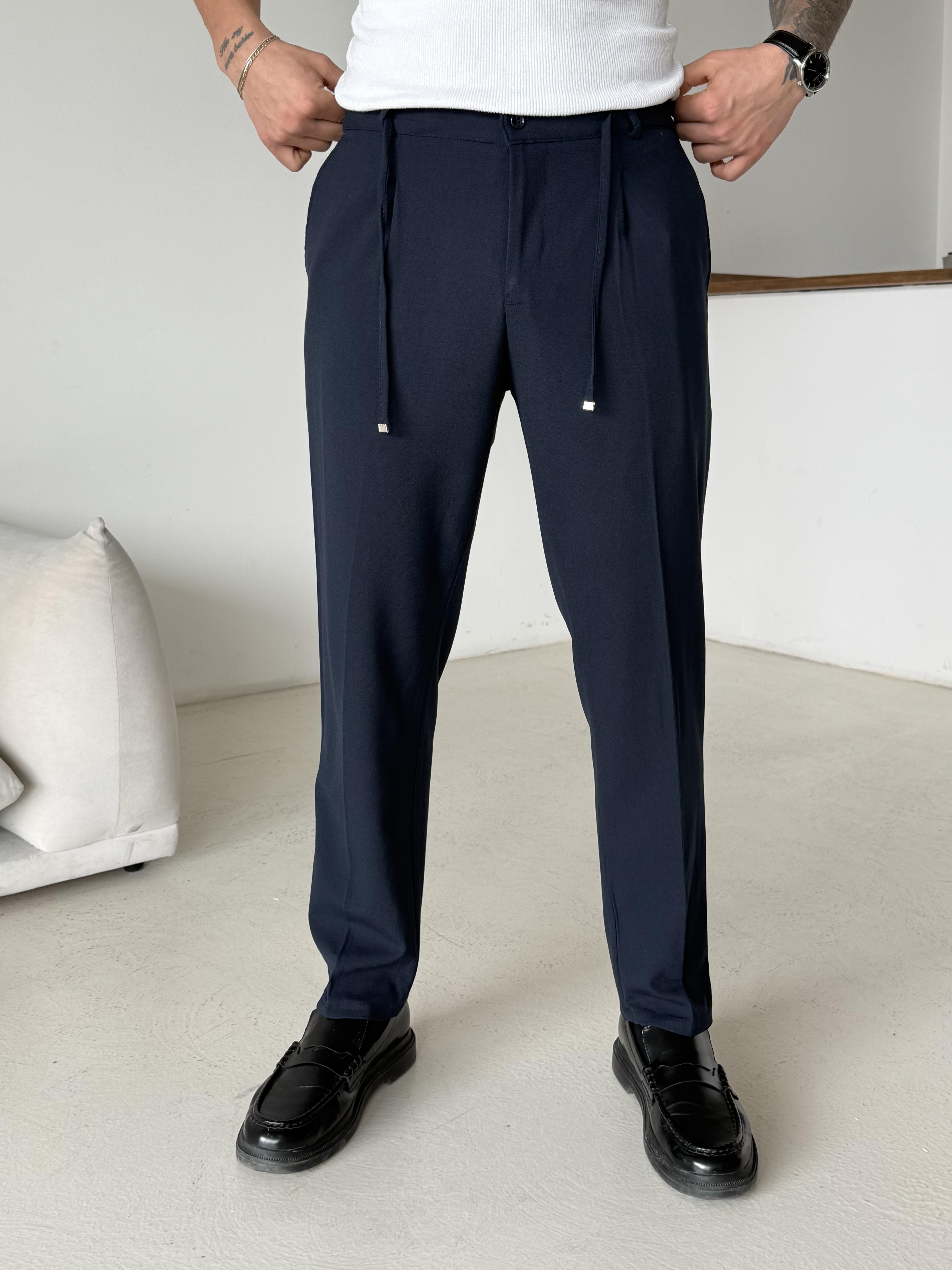GabardinLacivert Pileli Lastikli Bağcıklı Regular Kumaş Pantalon SC