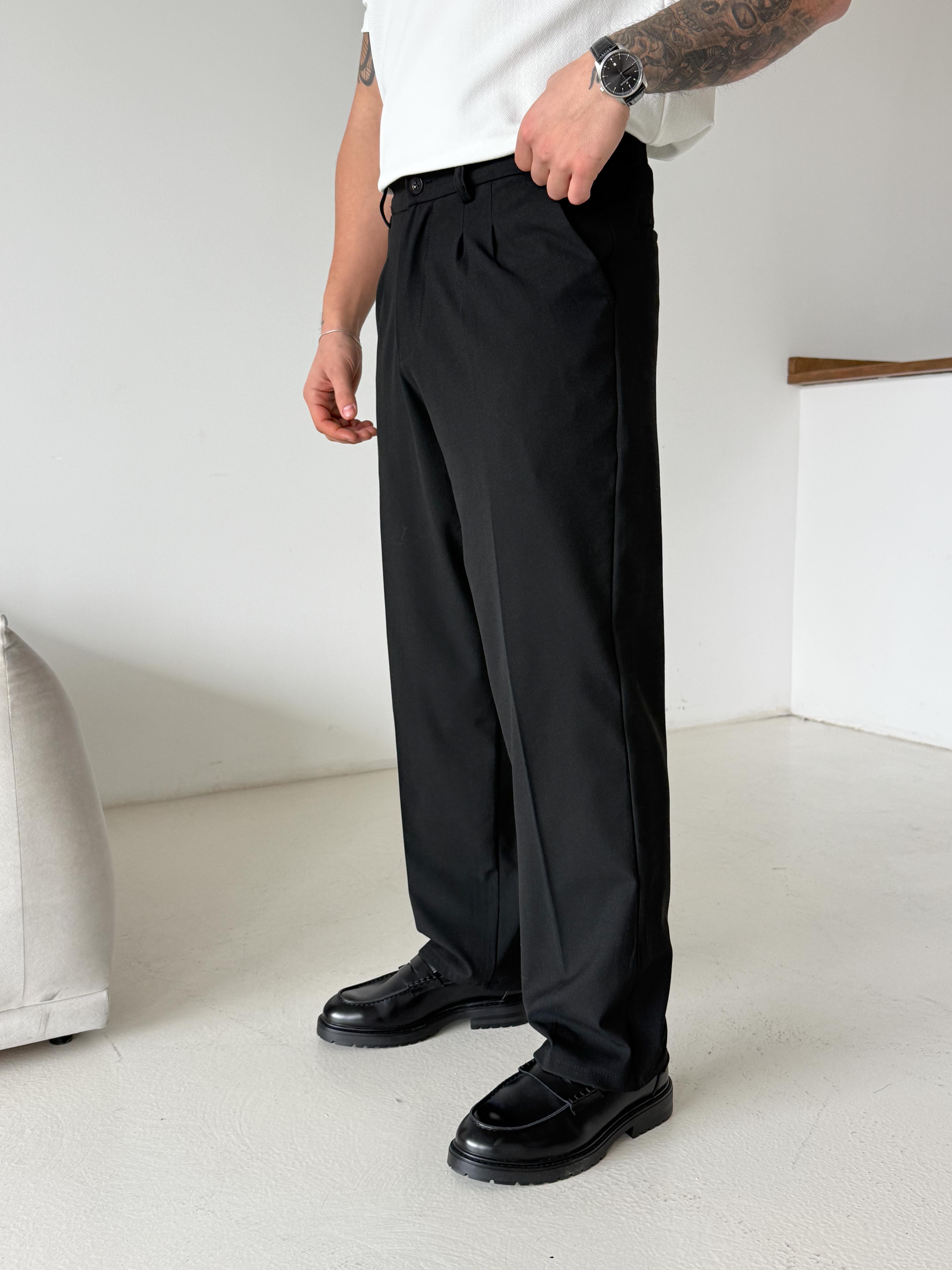 GabardinSiyah Baggy Bezayağı Kumaş Pantalon SNZ N1135