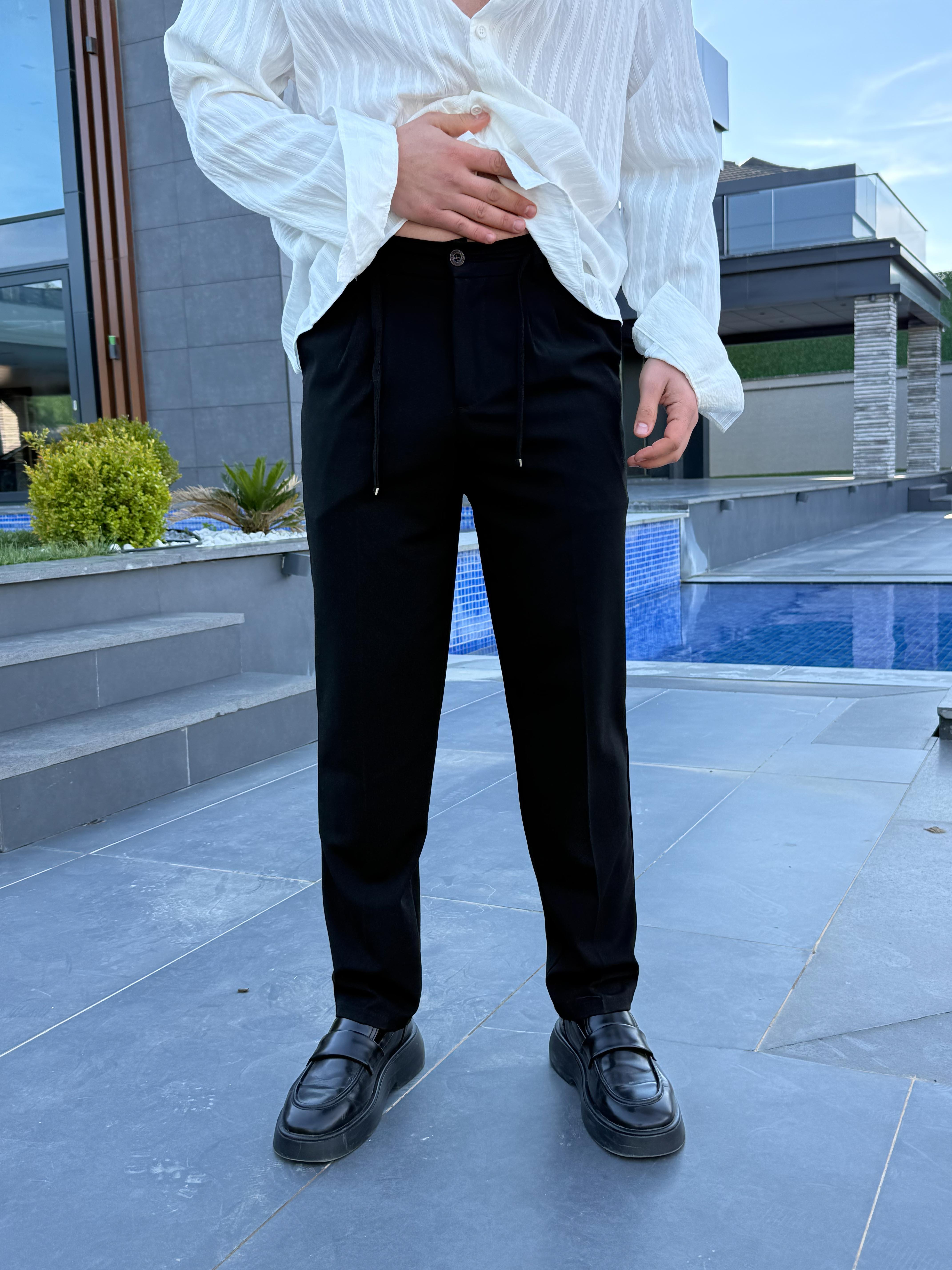 GabardinSiyah Lastikli Bağcıklı Pamuk Bezayağı Regular Fit Kumaş Pant snz 1265