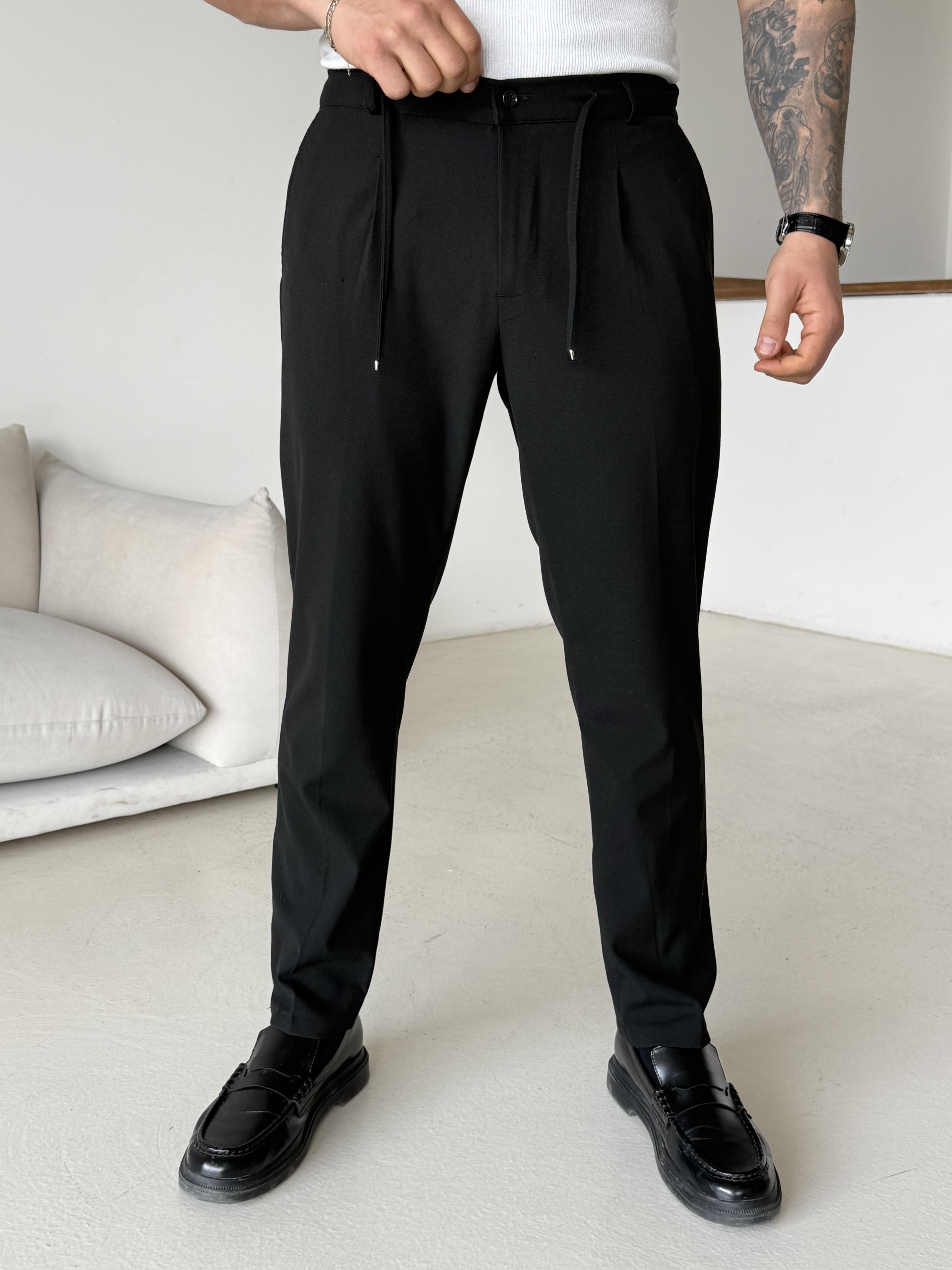 GabardinSiyah Pileli Lastikli Bağcıklı Regular Kumaş Pantalon SC