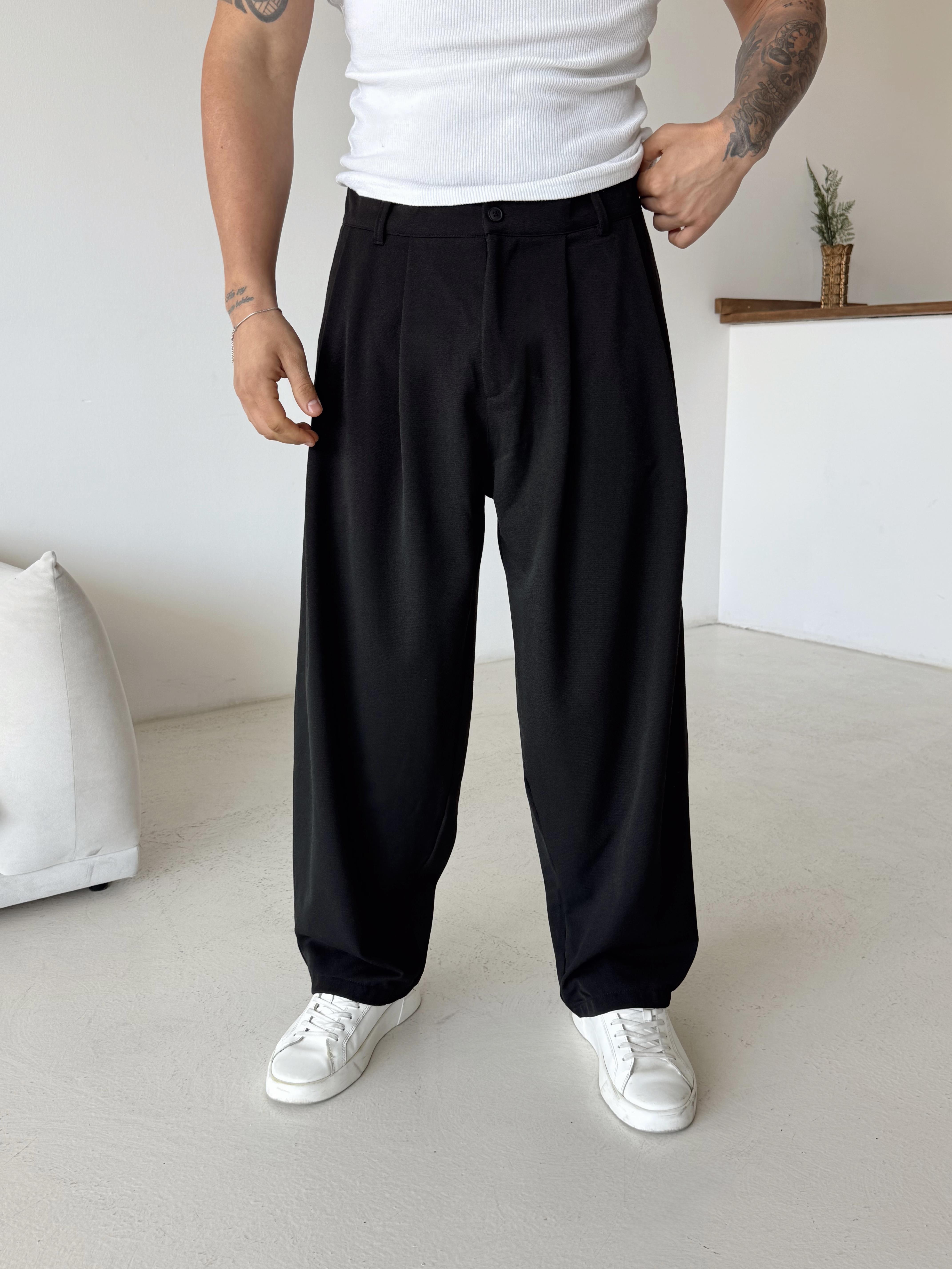 GabardinSiyah Super Baggy Kumaş Pantalon BRR 40218