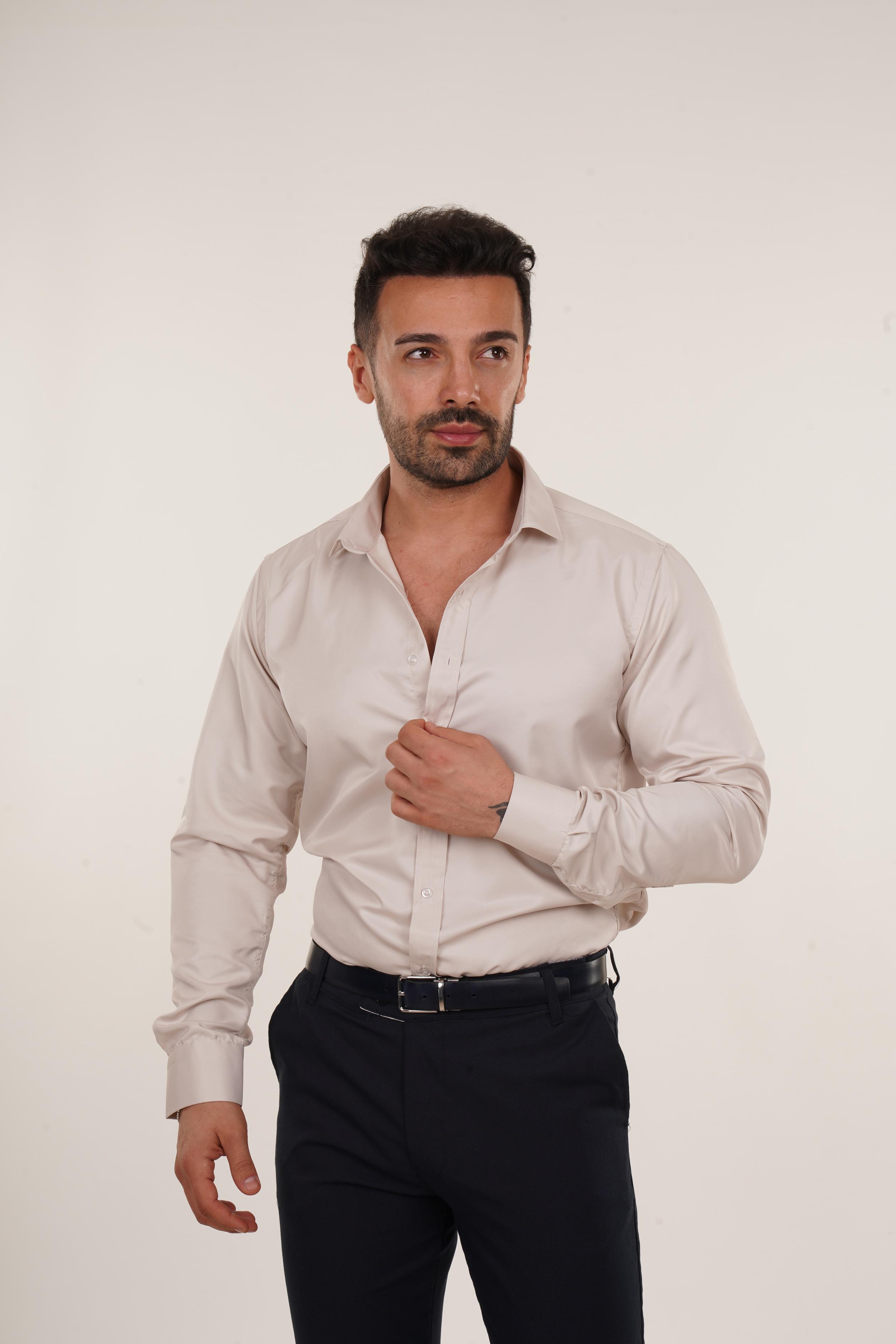 GÖMLEKBej Slim Fit Klasik Düz Gömlek 