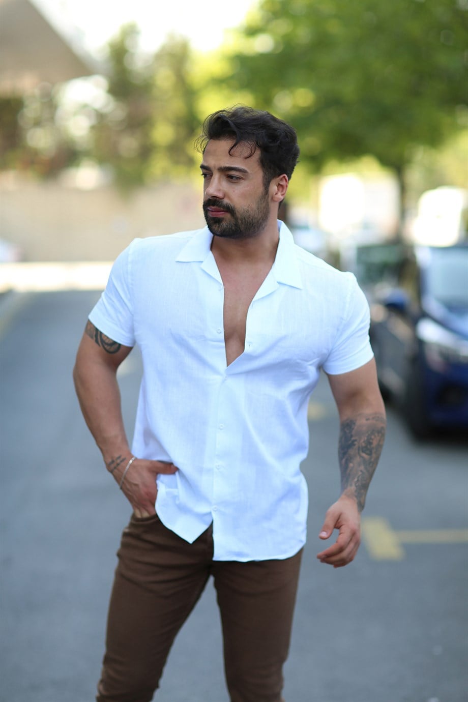 GÖMLEKBeyaz Kısakollu Keten Slim Fit Gömlek MSS