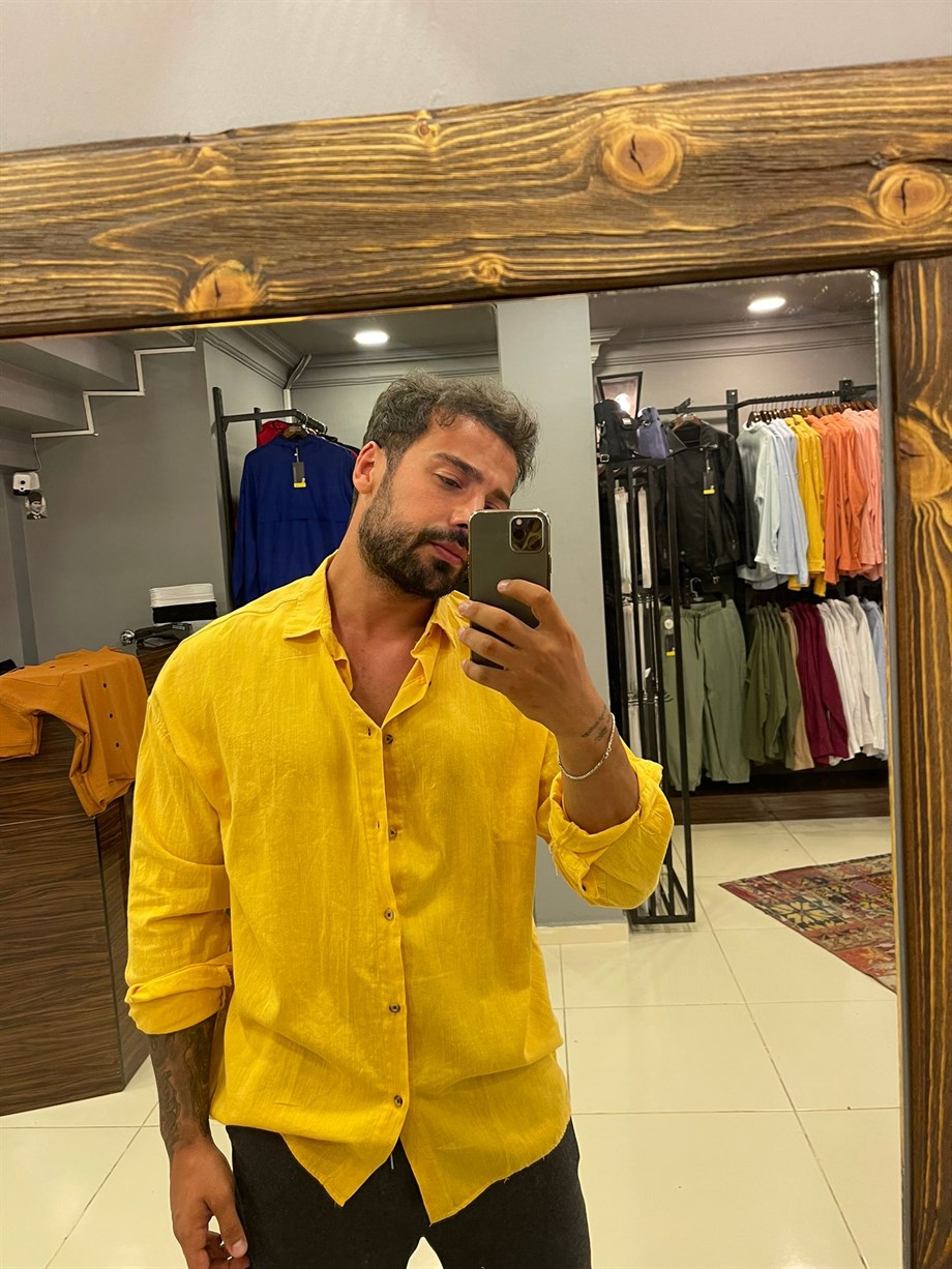 Erkek %100 Keten Sarı Oversize Gömlek
