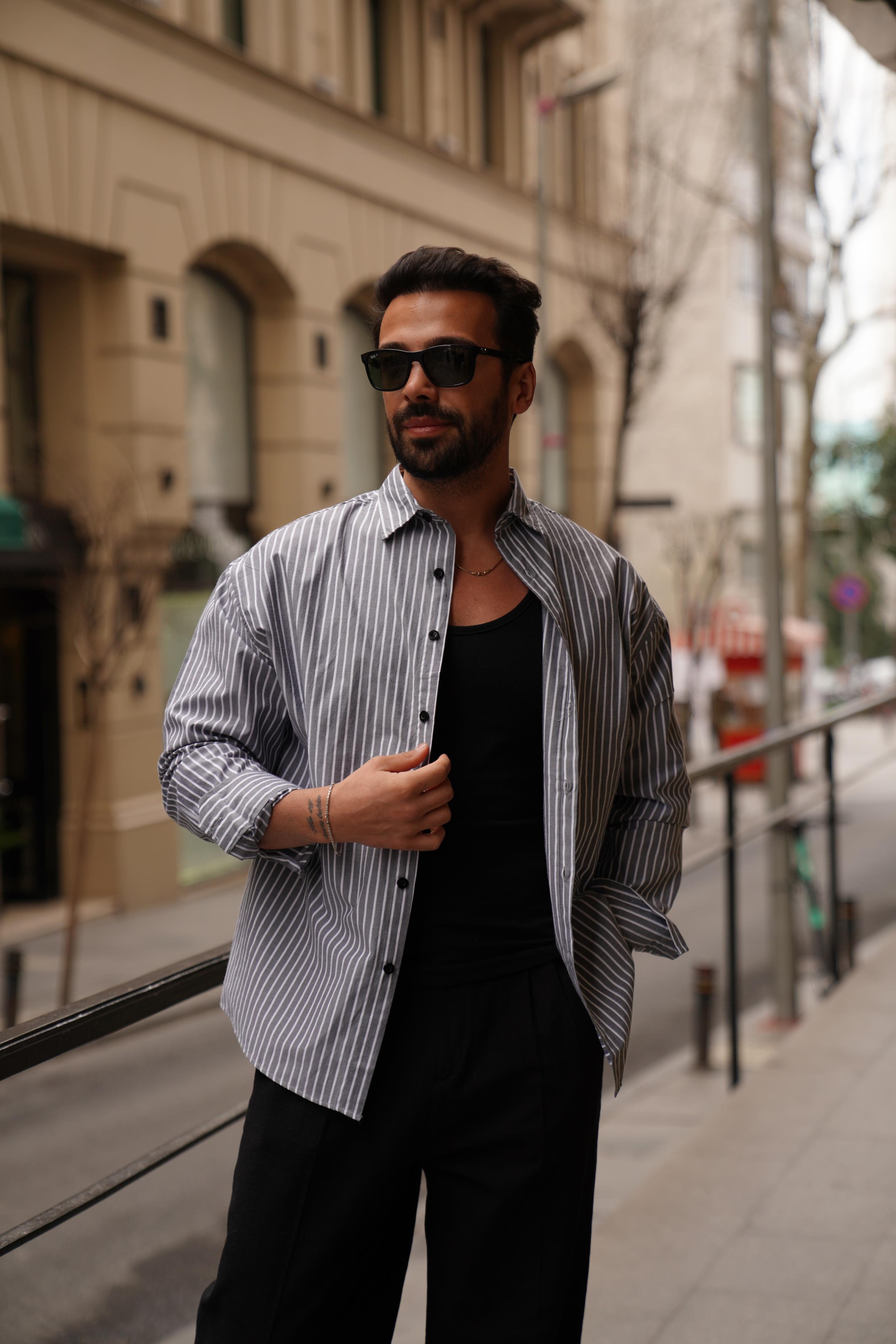 Füme Beyaz Dik Çizgili Casual Gömlek SNZ 3895