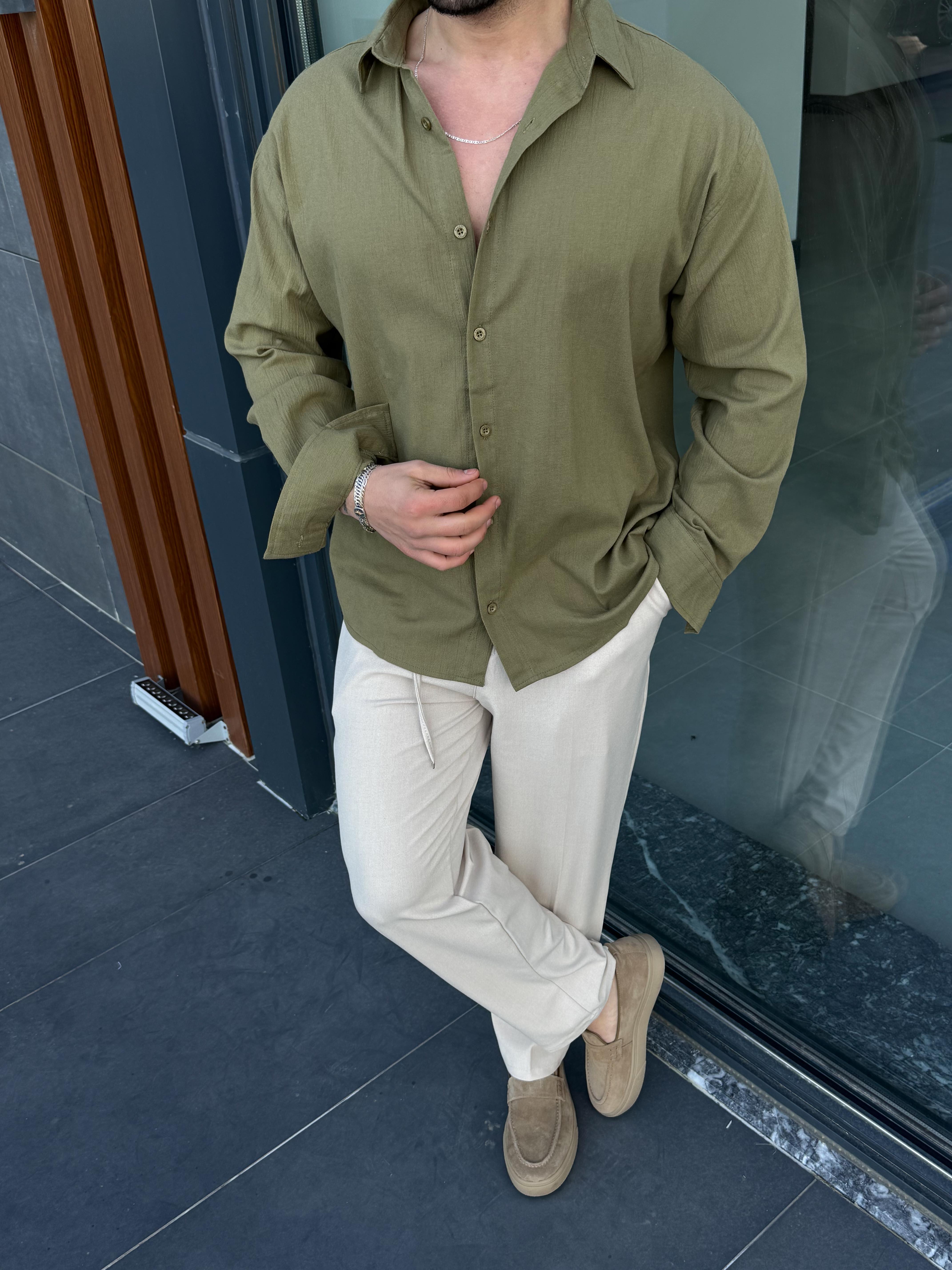 GÖMLEKHaki Krinkıl Pamuk Oversize Gömlek SNZ 1003