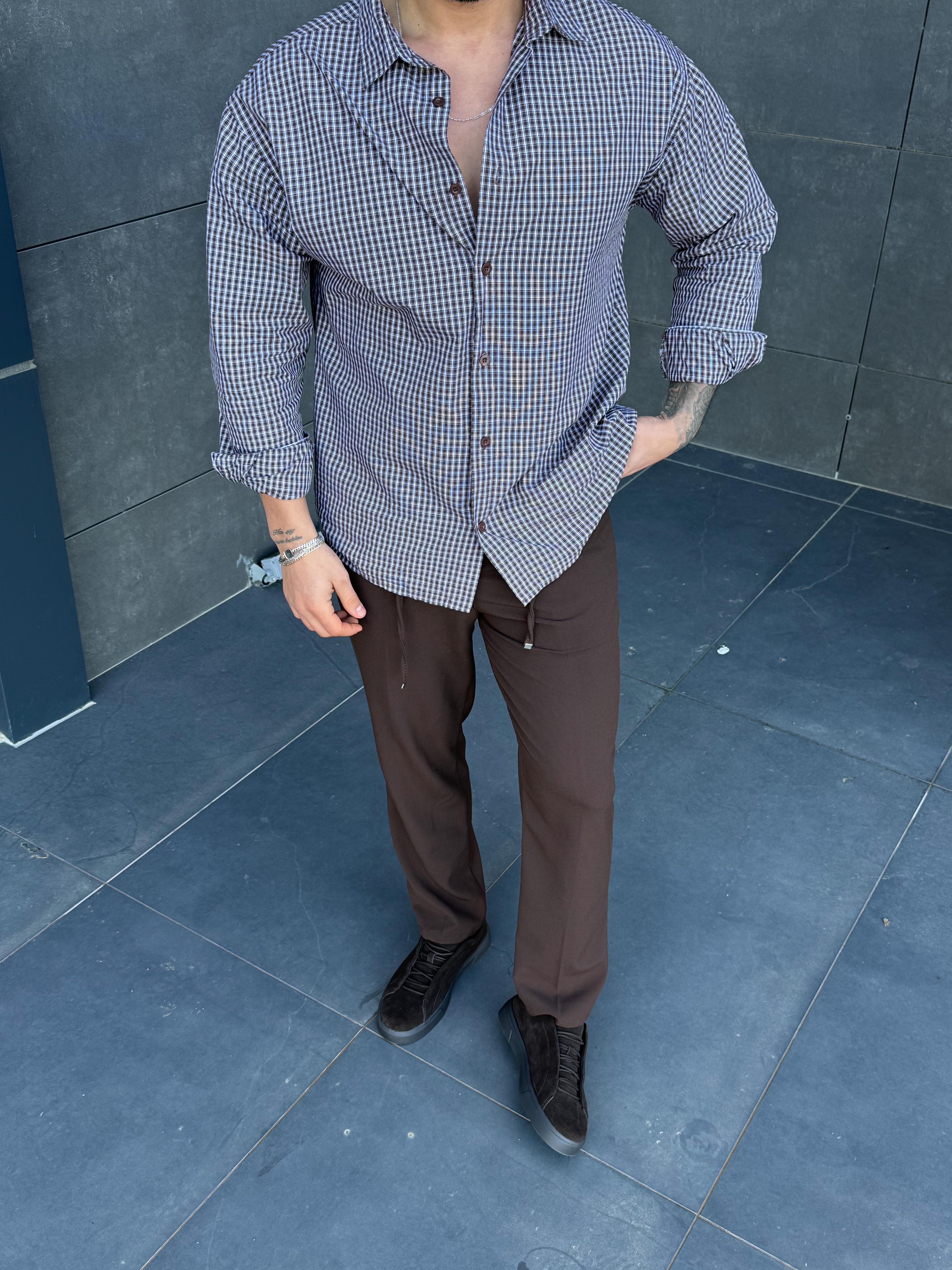 GÖMLEKKahve Ekoseli Oversize Pamuk Gömlek SNZ 1312