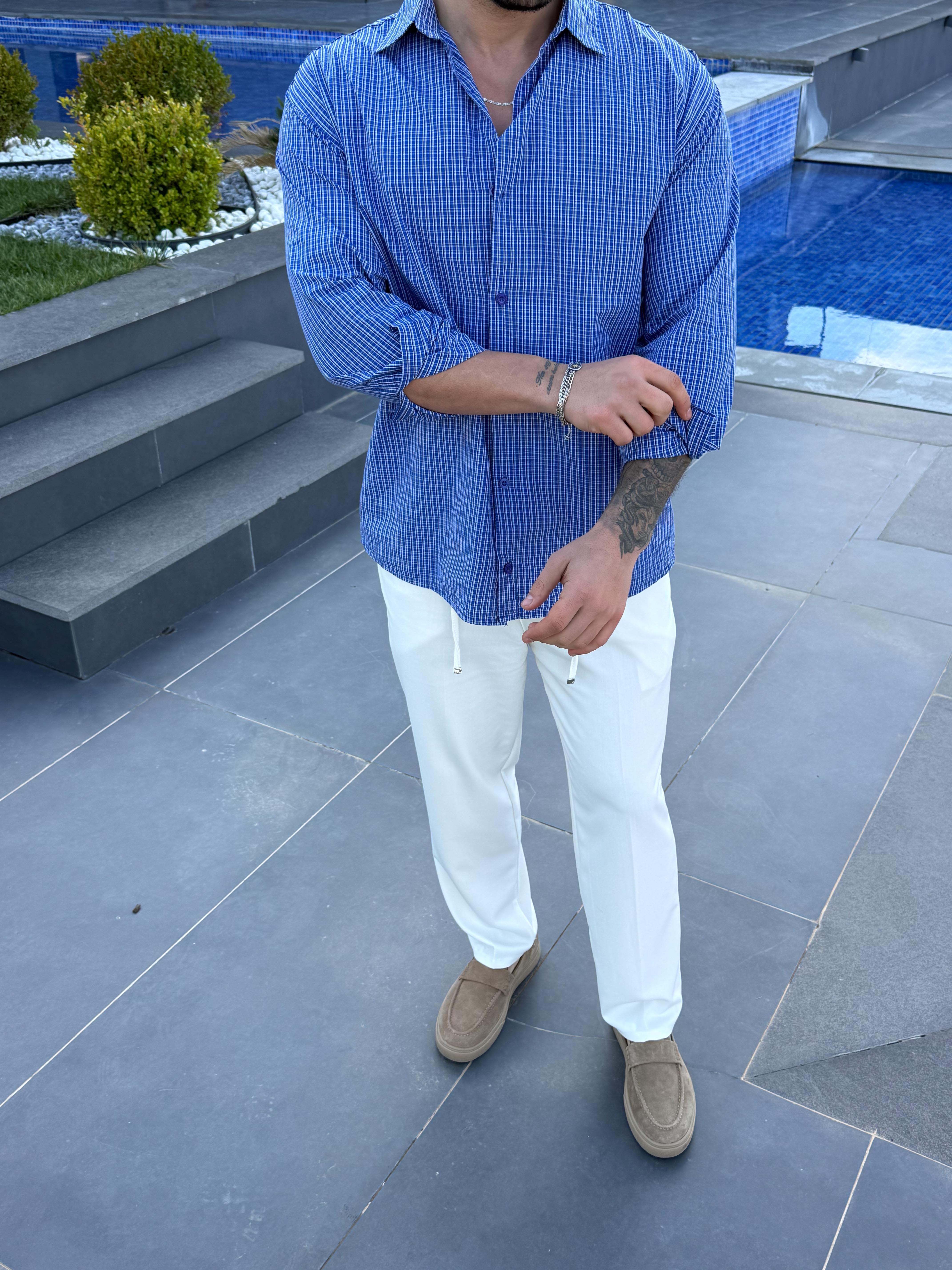 GÖMLEKLacivert Ekoseli Oversize Pamuk Gömlek SNZ 1312