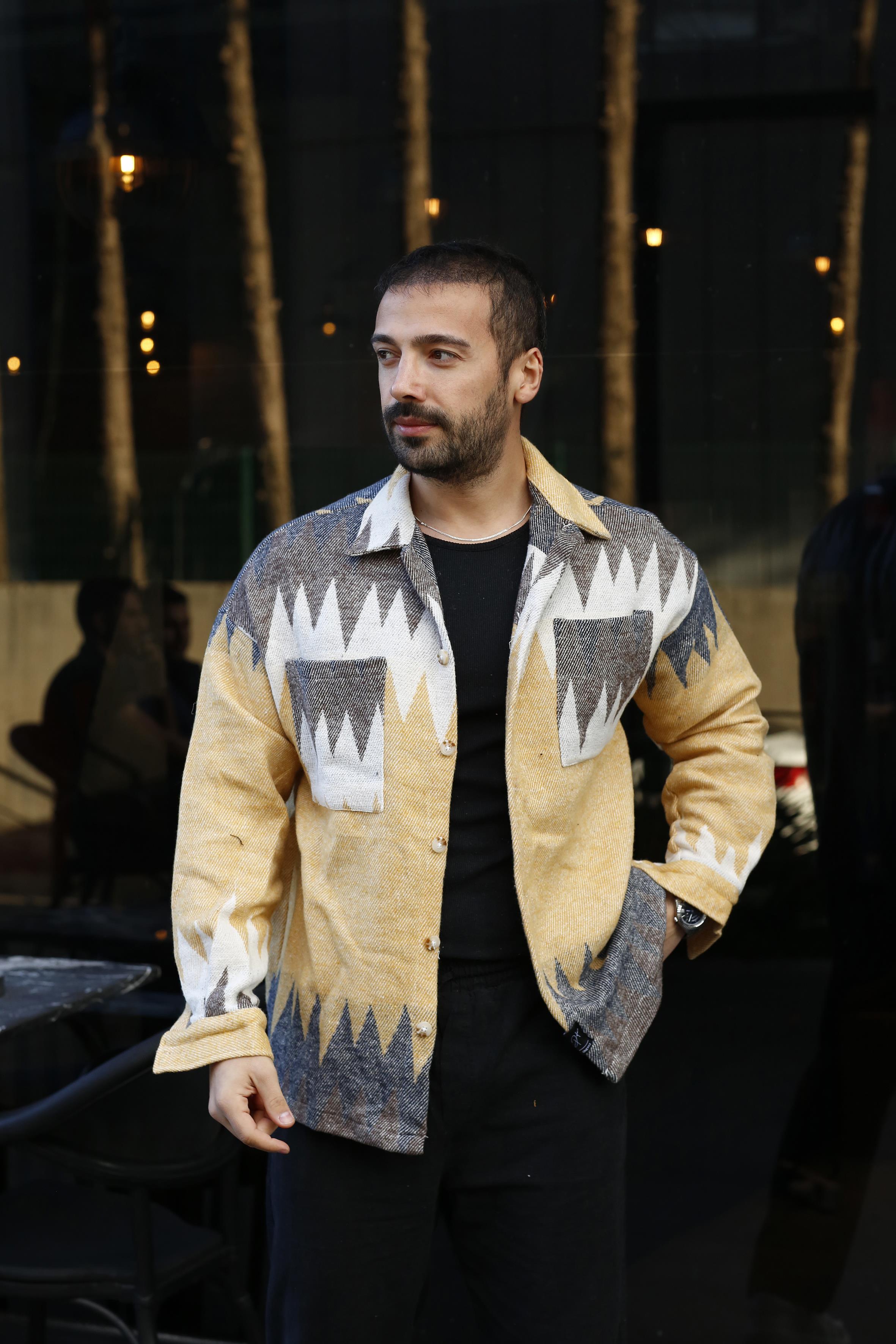 Sarı Antrasit Çam Desenli Oversize Kesim Oduncu Gömlek PLZ-03