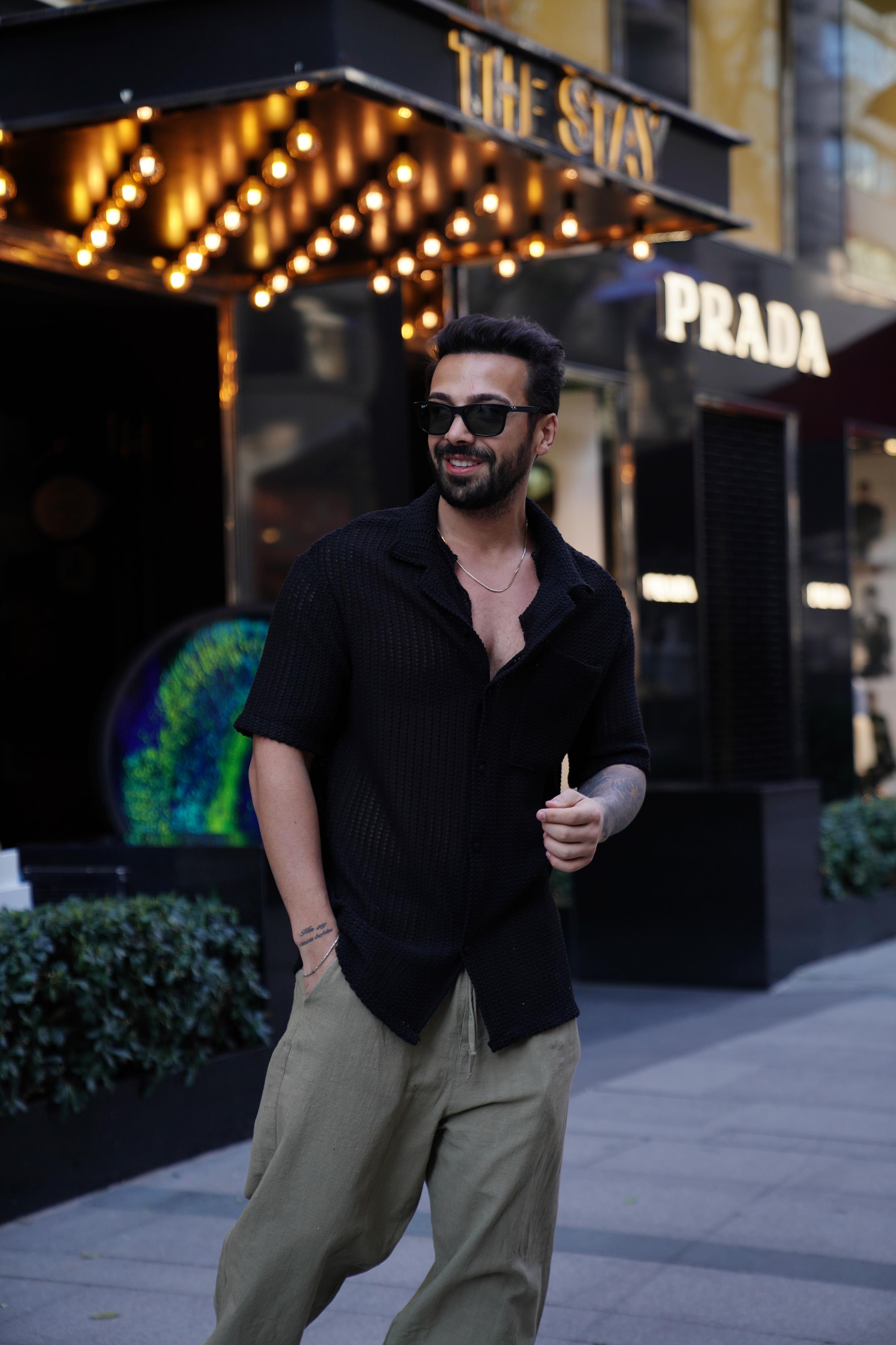 GÖMLEKSiyah Hasır Triko Tek Cep Gömlek VMS 40745