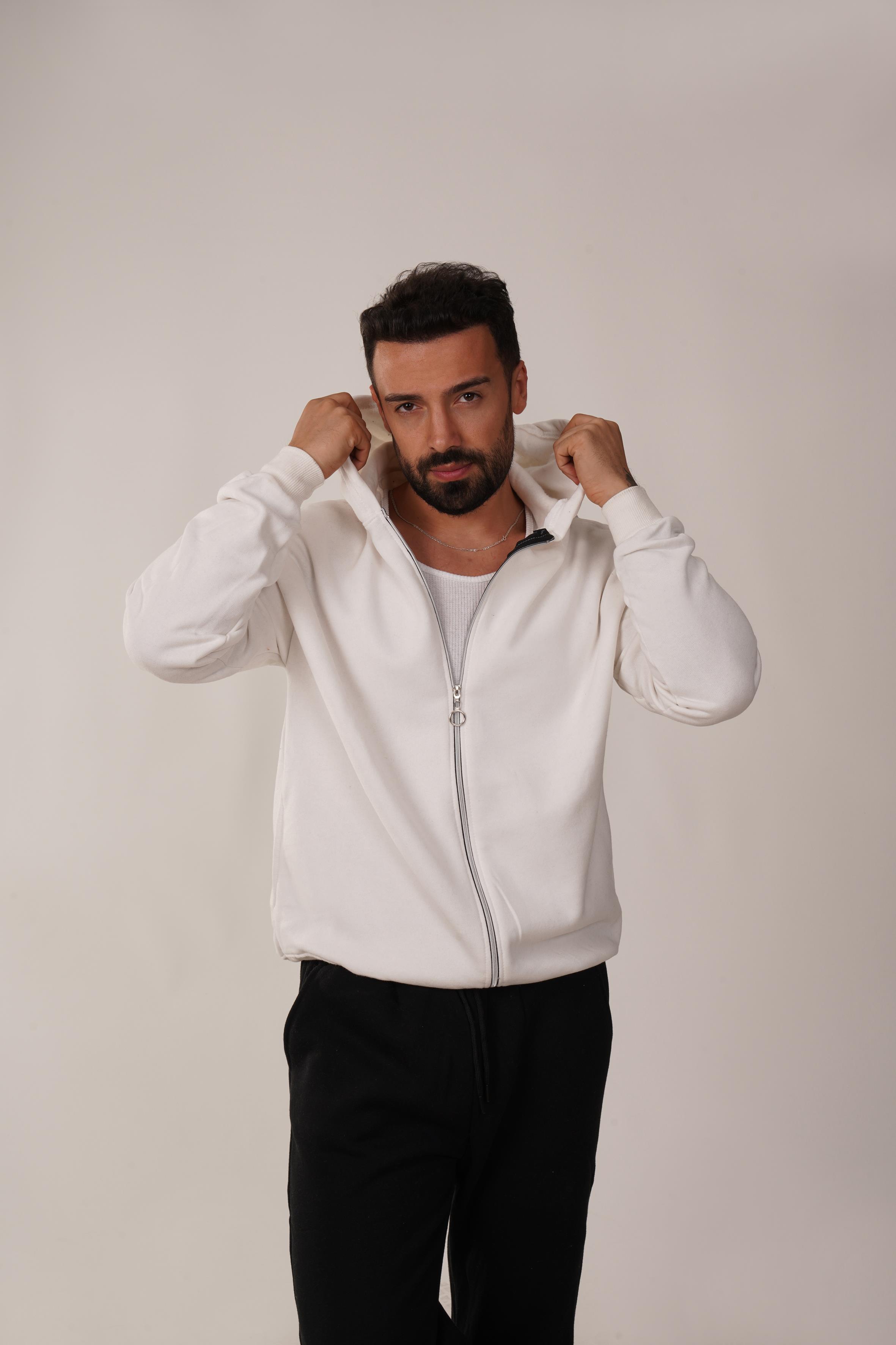 HIRKABeyaz 3 İplik Fermuarlı Kapşonlu Hoodie