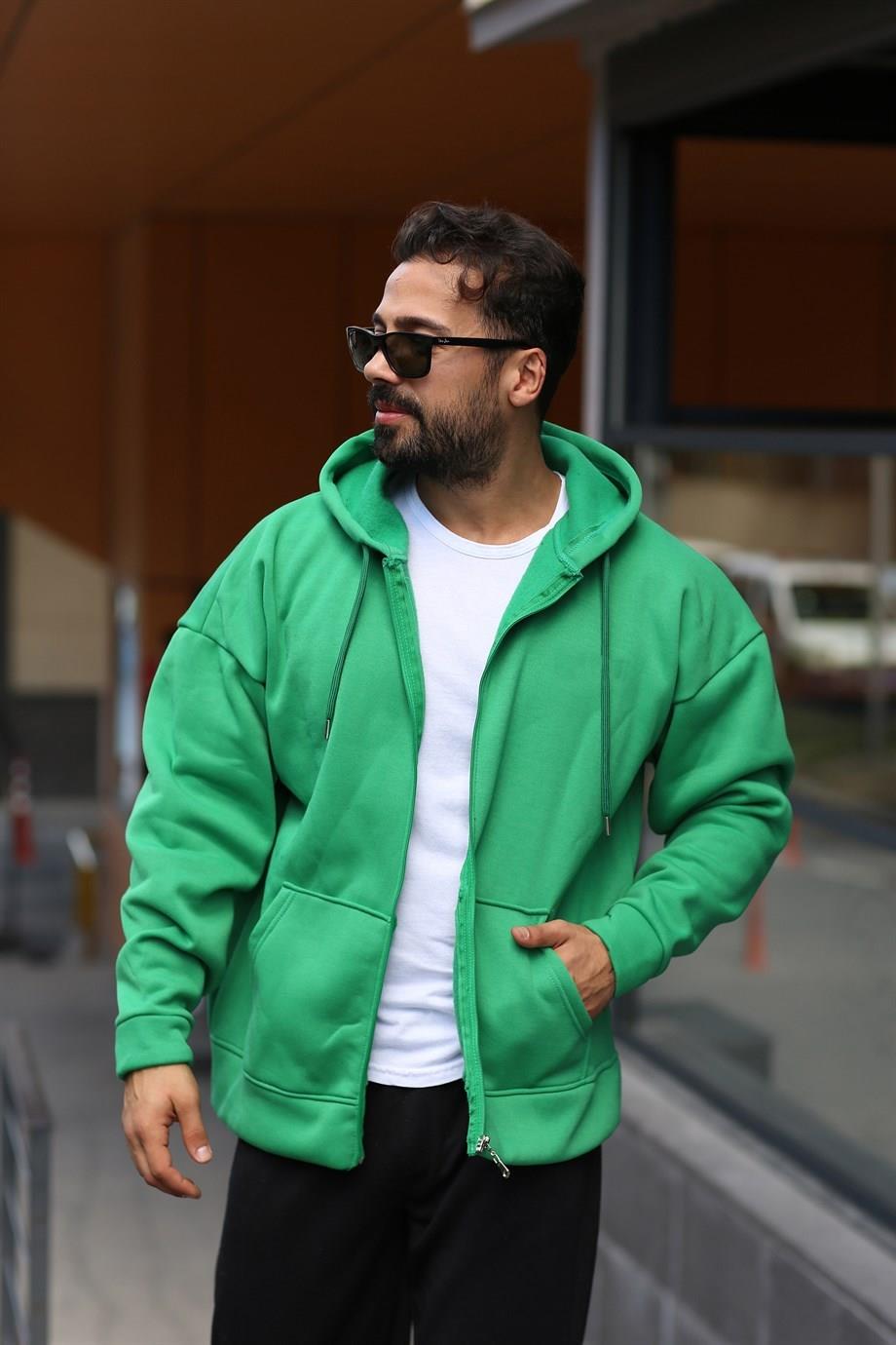 Çam Yeşili 3 İplik Hoodie Tam Fermuarlı Kapşonlu