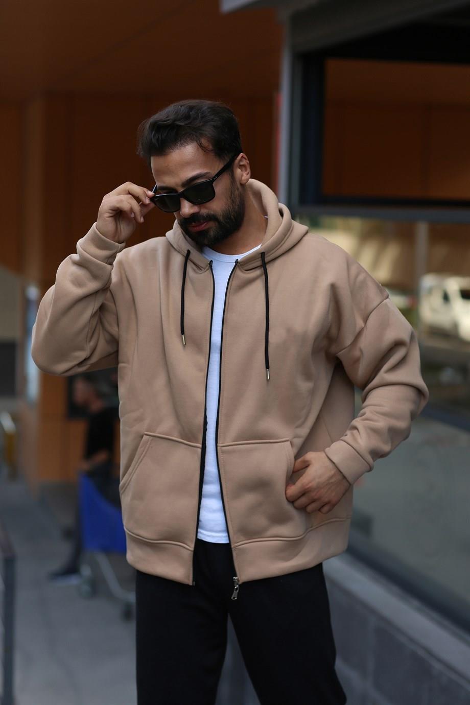 Krem 3 İplik Hoodie Tam Fermuarlı Kapşonlu