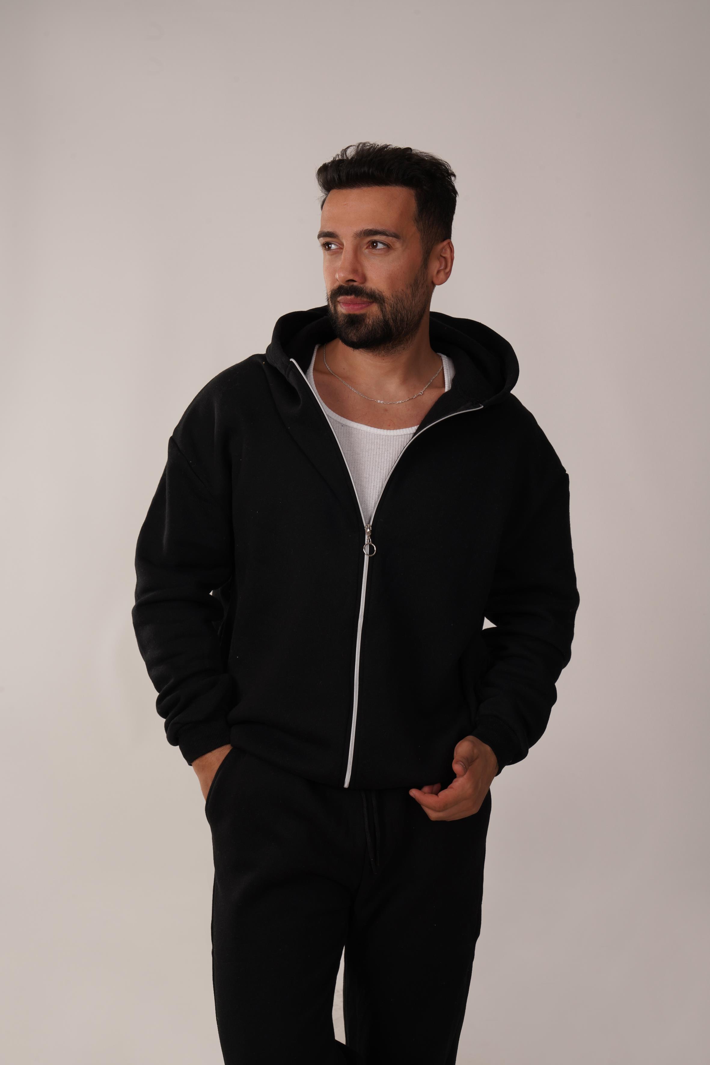 HIRKASiyah 3 İplik Fermuarlı Kapşonlu Hoodie