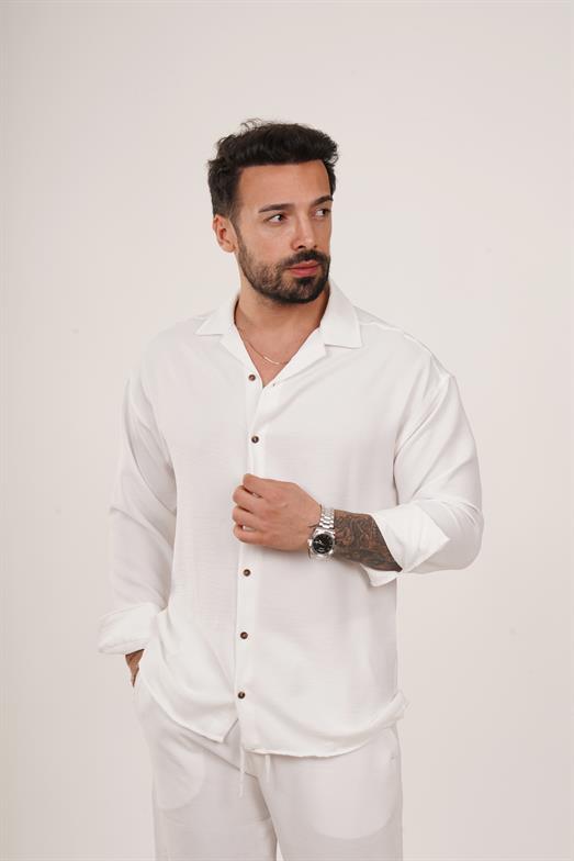JOGGERBeyaz Beyaz Kırlangıç Yaka Keten Gömlek TK1007