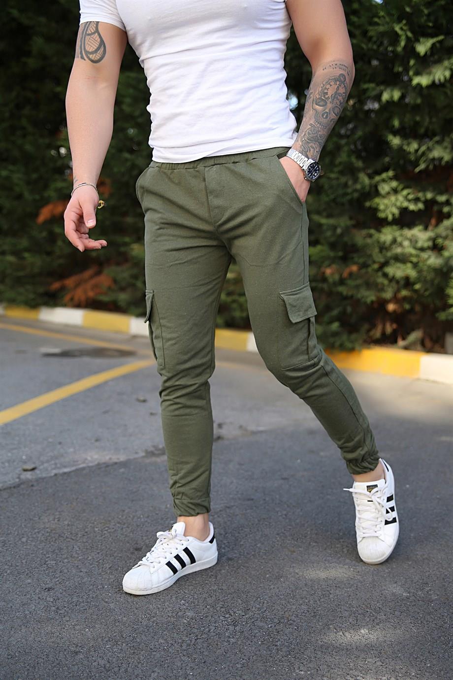 JOGGERErkek Düz Haki  Kargo  Paça Lastikli Jogger