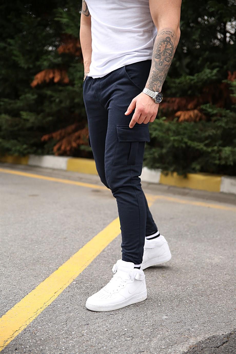 JOGGERErkek Düz Lacivert Kargo  Paça Lastikli Jogger