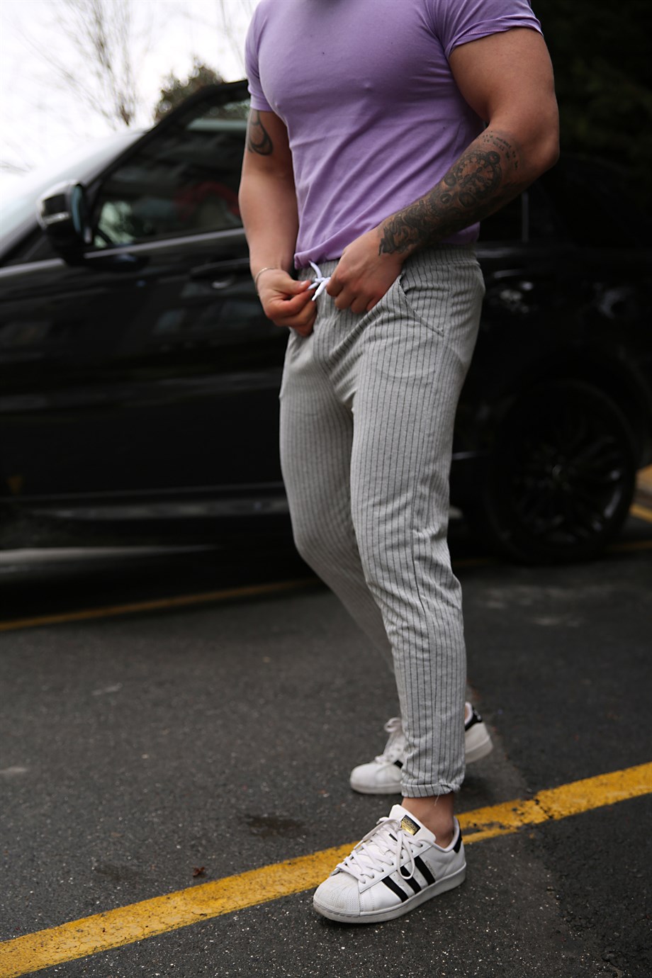 JOGGERErkek Full Dikey Çizgili Gri Jogger