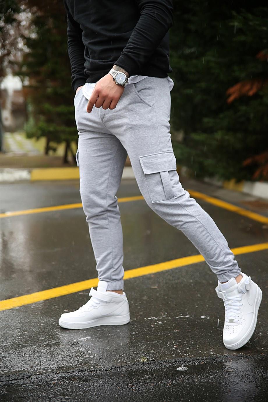 JOGGERErkek Gri Düz Kargo  Paça Lastikli Jogger