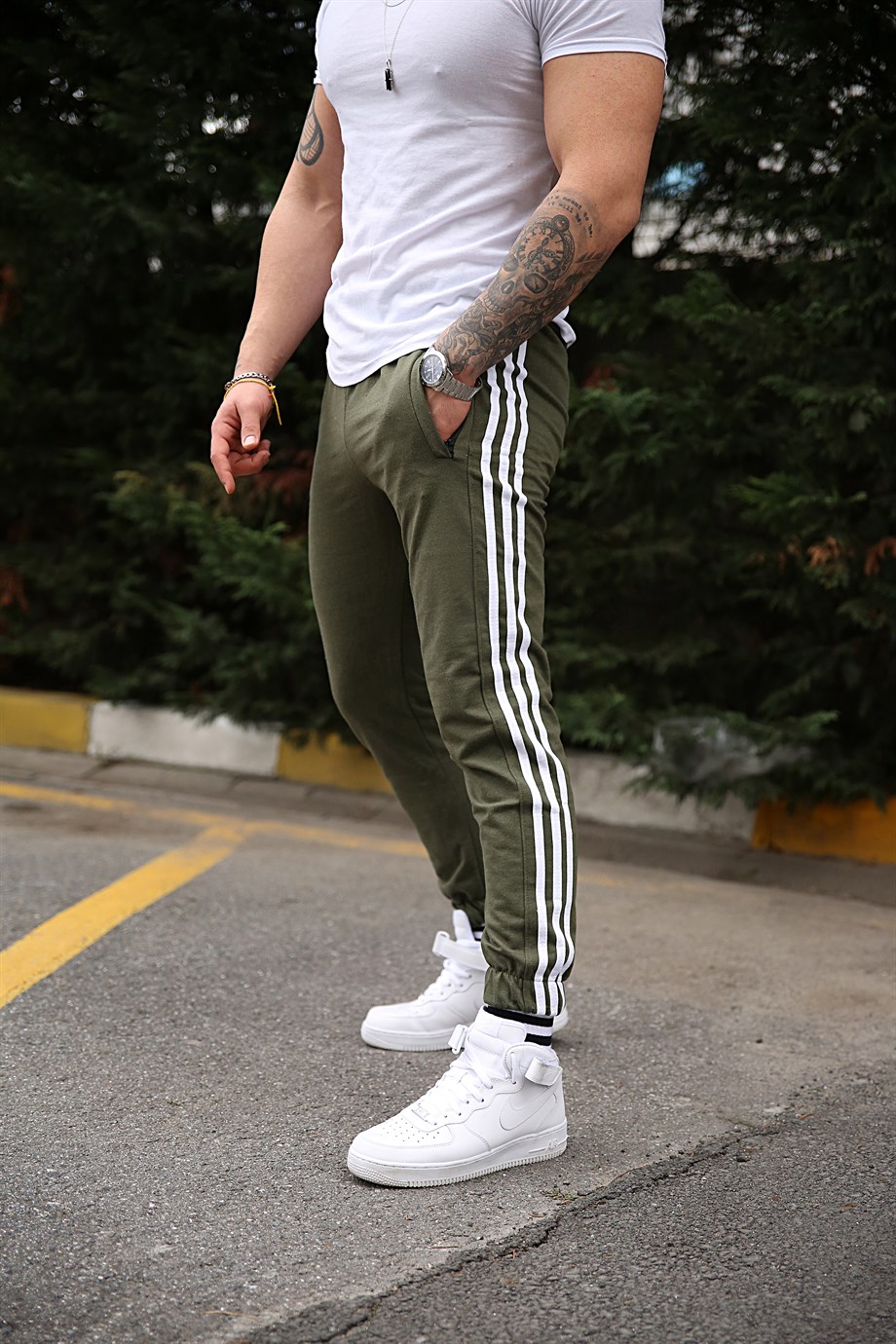 JOGGERErkek Yandan 3 Şeritli Haki Jogger