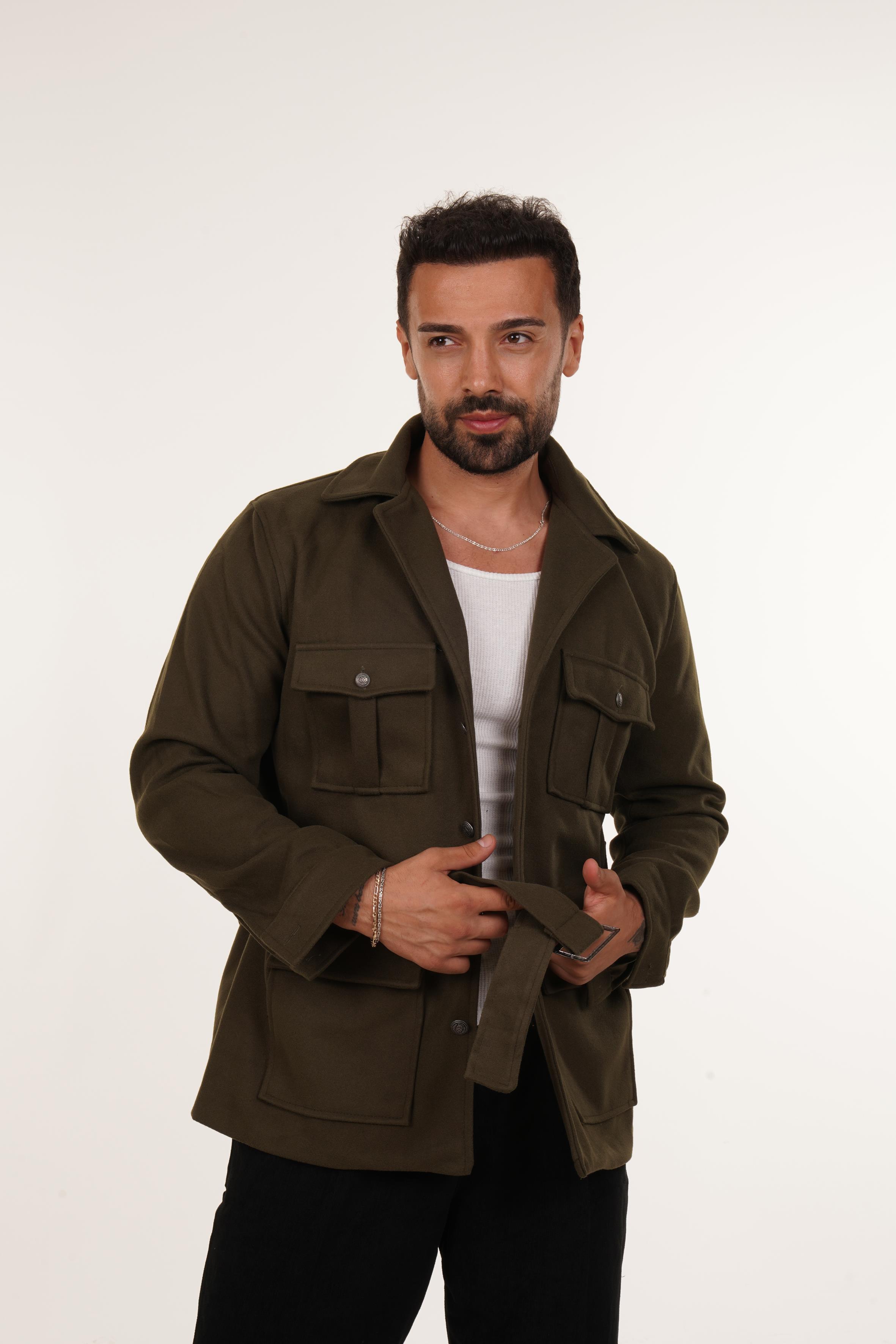 Haki Kemerli Kaşe Mont 5030 · 2